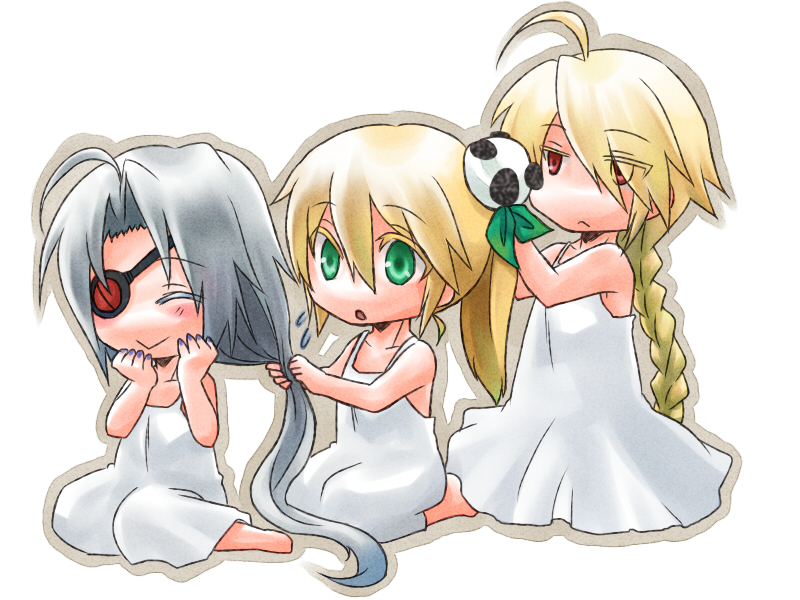 raika (raitake), raitake, lambda-11, lao jiu, noel vermillion, nu-13, arc system works, blazblue, silver hair, 3girls, adjusting hair, ahoge, barefoot, blonde hair, blush, braid, chibi, closed eyes, dress, eyepatch, green eyes, hair ornament, long hair, multiple girls, nail polish, panda, ponytail, red eyes, seiza, single braid, sitting, smile, tying hair, very long hair, white dress