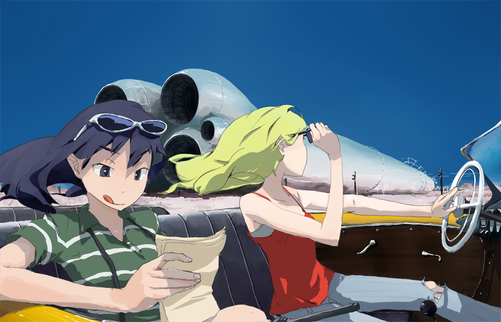 keisan, original, 2girls, :q, black hair, blonde hair, car, car interior, denim, driving, jeans, left-hand drive, motor vehicle, multiple girls, pants, ruins, science fiction, spacecraft, sunglasses, suspenders, tongue, tongue out