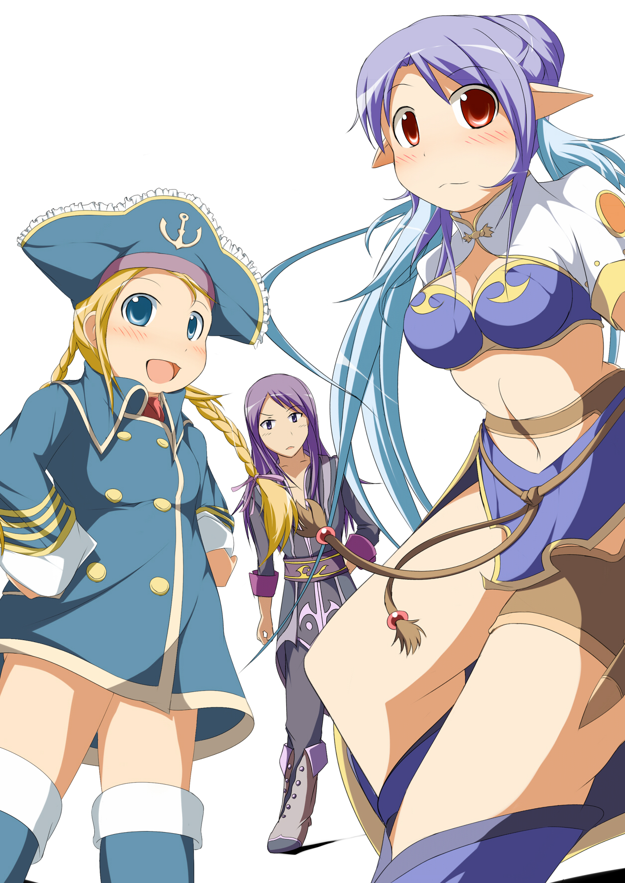 mirano, judith (tales), patty fleur, yuri lowell, tales of (series), tales of vesperia, highres, 00s, 1boy, 2girls, :3, aqua hair, blonde hair, blue eyes, blue hair, blush, boots, breasts, hat, looking at viewer, multiple girls, navel, pirate hat, pointy ears, purple hair, red eyes, simple background, thighhighs, white background