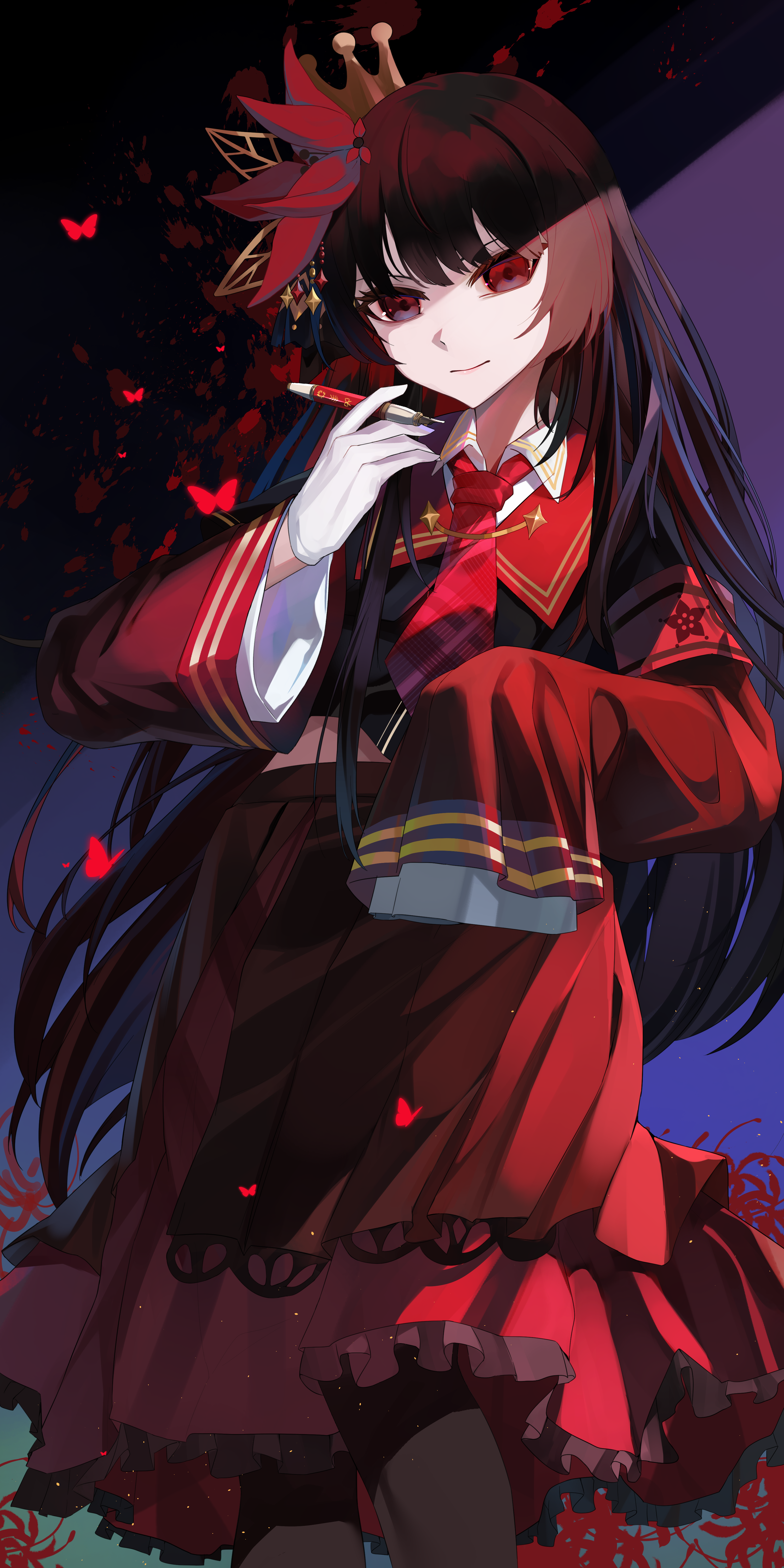 elsiriya, nikaido hiro, mahou shoujo no majo saiban, absurdres, commentary request, highres, 1girl, armband, black hair, black shirt, black skirt, bug, butterfly, closed mouth, collared shirt, crown, feet out of frame, flower, frilled skirt, frills, gloves, hair flower, hair ornament, holding, holding pen, insect, layered skirt, long hair, long sleeves, looking at viewer, necktie, pantyhose, pen, red armband, red butterfly, red eyes, red flower, red necktie, shirt, skirt, sleeves past fingers, sleeves past wrists, smile, solo, standing, white gloves