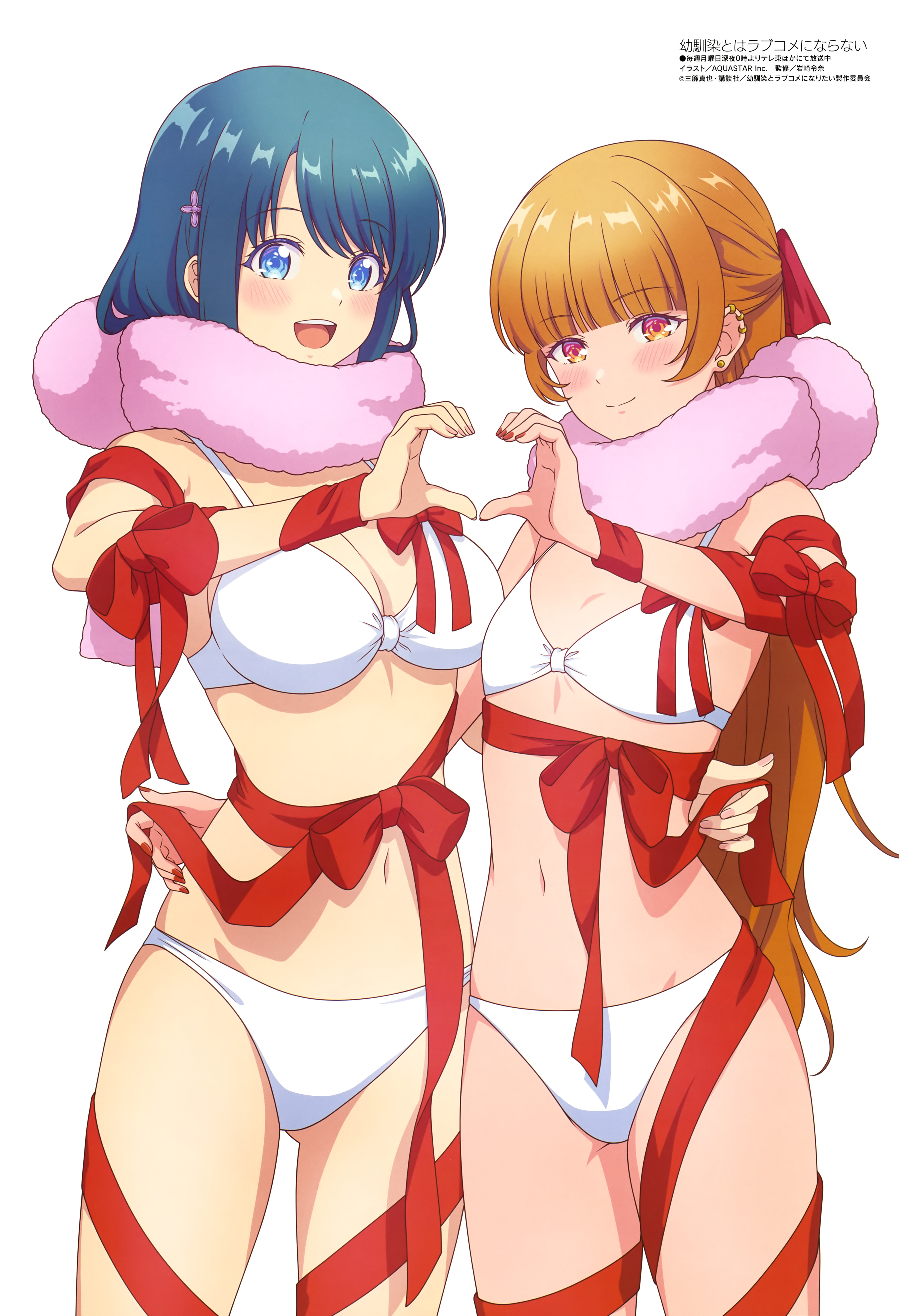 aquastar inc., hiodoshi akari, minamo shio, megami magazine, osananajimi to wa lovecome ni naranai, absurdres, highres, magazine scan, official art, scan, tagme, third-party source, 2girls, anime coloring, copyright name, copyright notice, cowboy shot, looking at viewer, multiple girls, simple background, white background