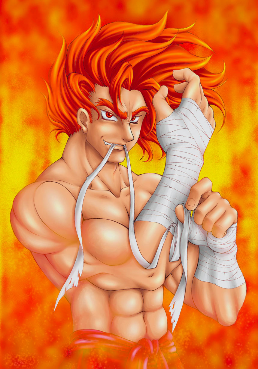 kazama kazuki, samurai spirits, snk, highres, male focus, orange hair, red eyes, smile