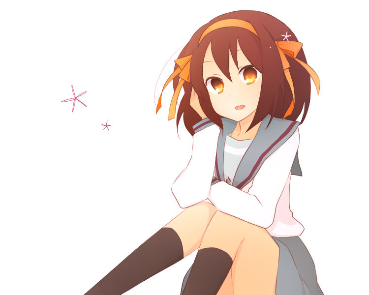 kinokosuke, suzumiya haruhi, suzumiya haruhi no yuuutsu, bad id, bad pixiv id, 1girl, brown eyes, brown hair, female focus, hairband, school uniform, serafuku, short hair, solo, white background