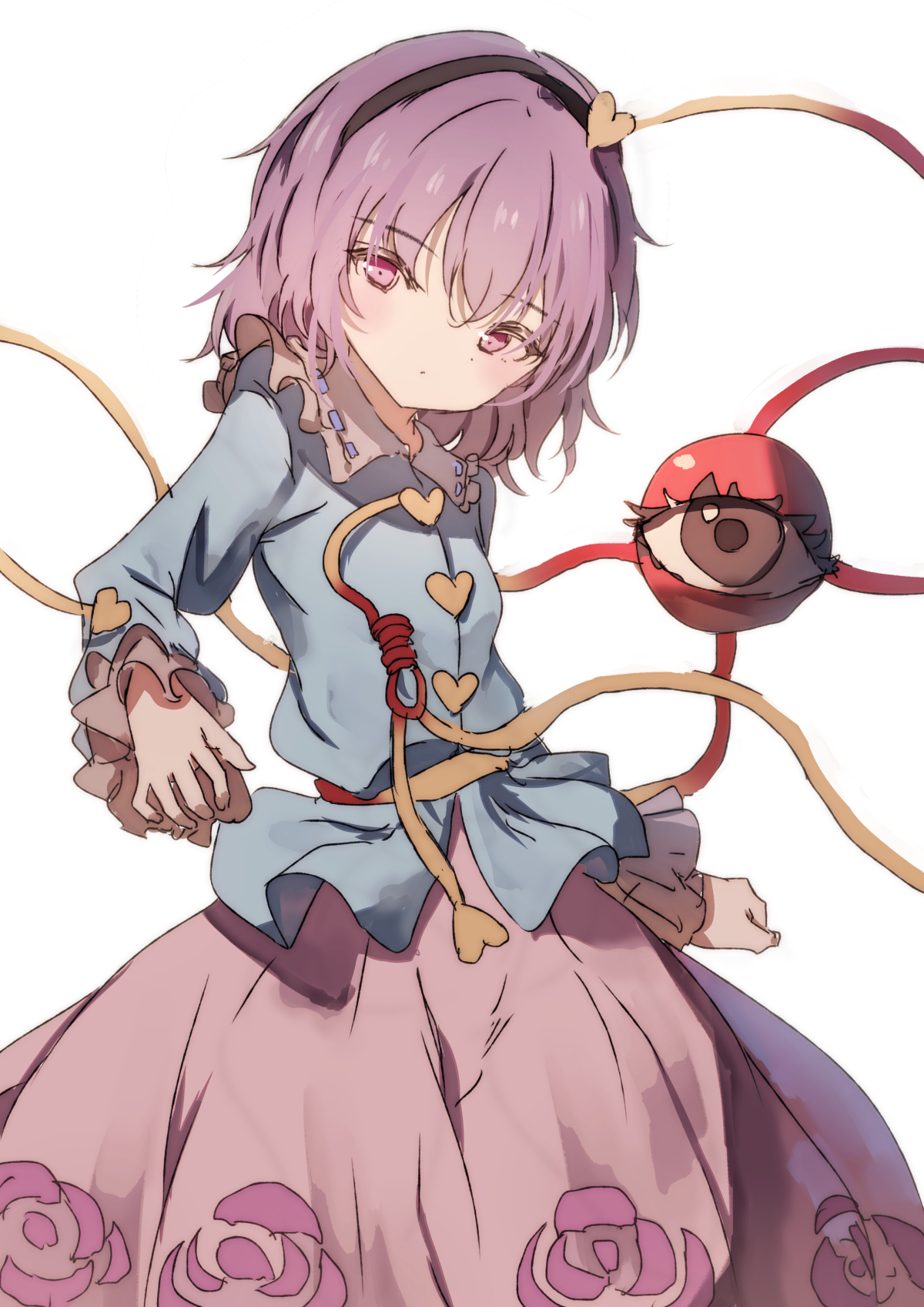 natsume suzuri, komeiji satori, touhou, commentary, highres, 1girl, black hairband, blue shirt, buttons, collared shirt, eyeball, floral print, frilled shirt collar, frilled sleeves, frills, hair ornament, hairband, heart, heart button, heart hair ornament, long sleeves, looking at viewer, medium hair, pink eyes, pink hair, pink skirt, print skirt, ribbon-trimmed collar, ribbon trim, rose print, shirt, simple background, skirt, solo, third eye, white background