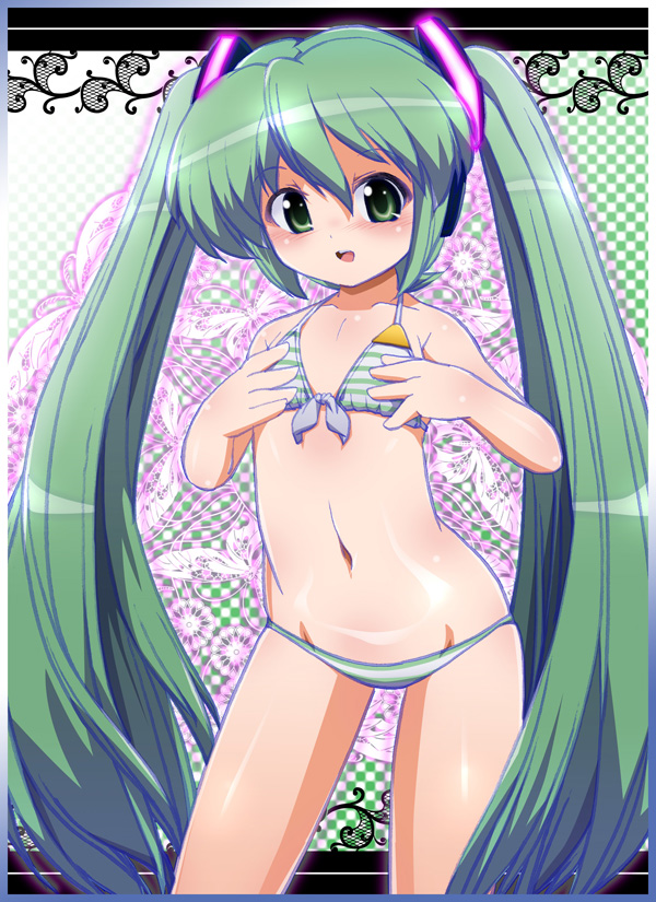 ryuu ryuu, hatsune miku, project diva, project diva (series), vocaloid, 1girl, bikini, female focus, flat chest, green eyes, green hair, long hair, matching hair/eyes, solo, swimsuit, twintails