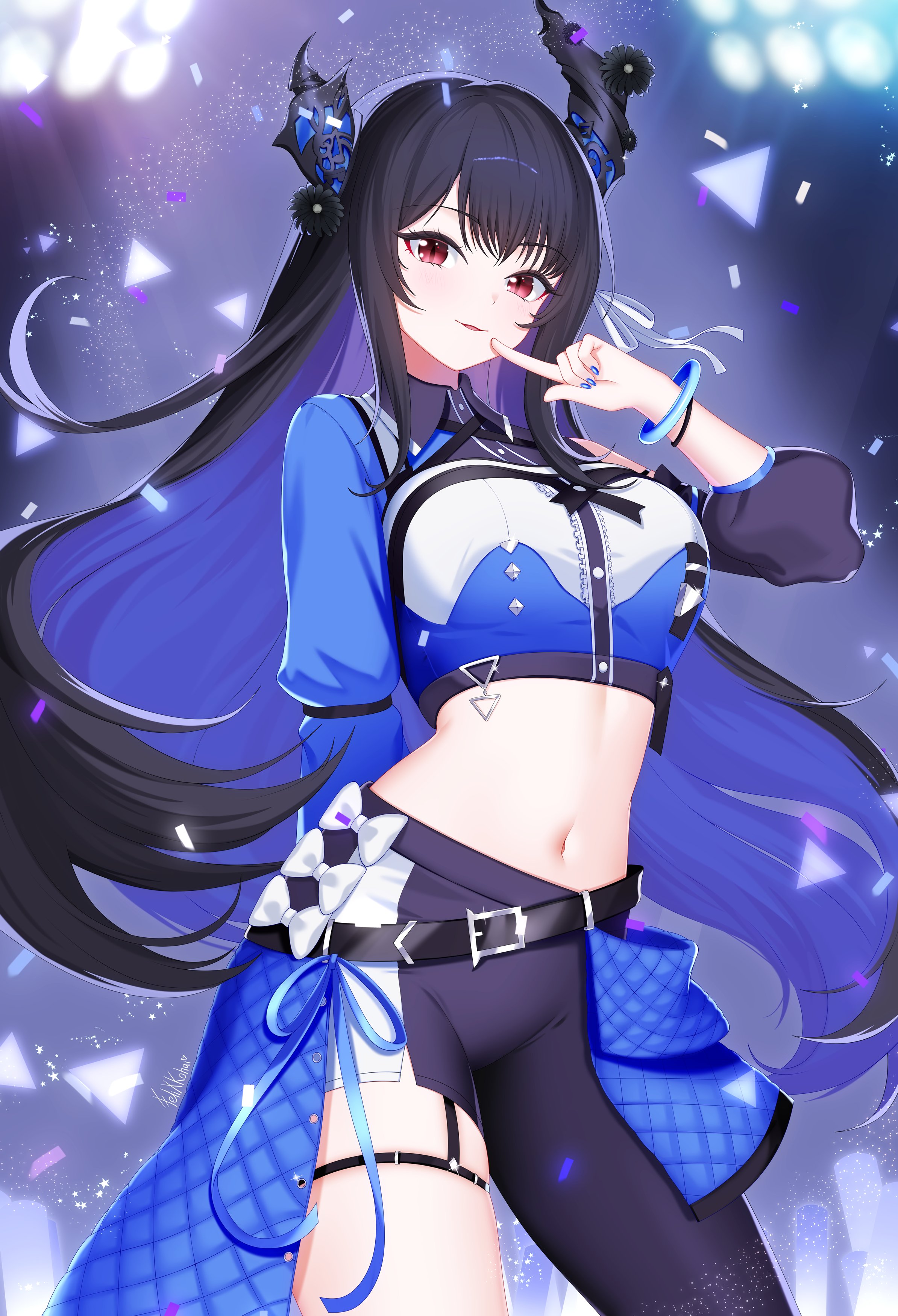 felixkohai, nerissa ravencroft, hololive, hololive english, absurdres, commentary, highres, symbol-only commentary, 1girl, arm behind back, asymmetrical clothes, belt, black hair, black pants, blue shirt, breasts, collared shirt, contrapposto, cowboy shot, crop top, demon horns, detached sleeves, horns, large breasts, long hair, long sleeves, looking at viewer, loose belt, midriff, navel, pants, parted lips, red eyes, shirt, single detached sleeve, single pantsleg, smile, solo, standing, stomach, thigh strap, two-tone shirt, very long hair, virtual youtuber, zipper