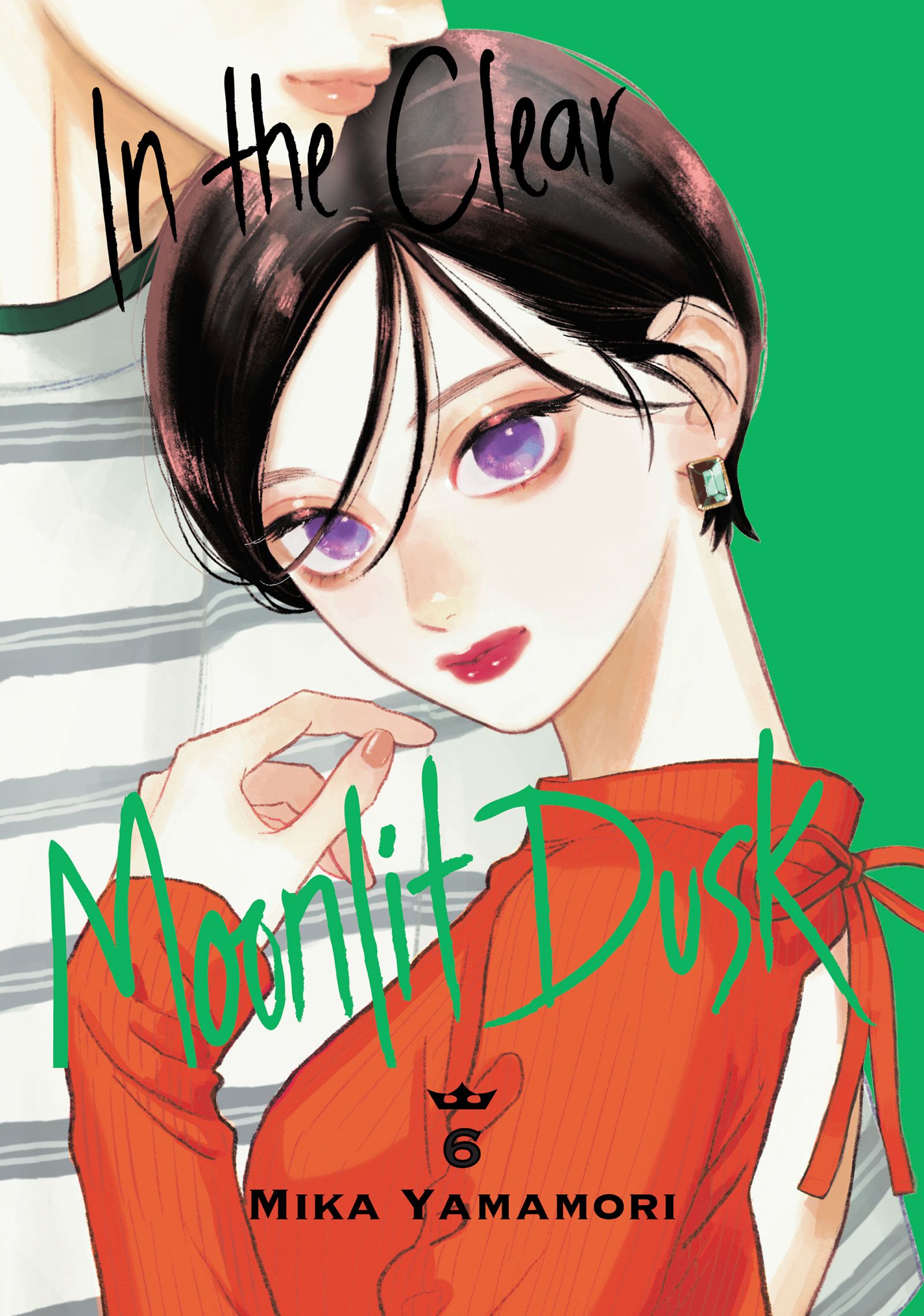 mika yamamori, takiguchi yoi, uruwashi no yoi no tsuki, commentary, english commentary, highres, official art, second-party source, 1boy, 1girl, androgynous, artist name, backless sweater, black hair, copyright name, couple, cover, cover page, english text, green background, green shirt, grey shirt, hetero, ichimaru kohaku, jewelry, leaning on person, long sleeves, looking at viewer, manga cover, multicolored shirt, orange sweater, parted bangs, purple eyes, red lips, shirt, short hair, simple background, sweater, white hair, white shirt