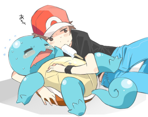 agemono, red (pokemon), squirtle, nintendo, pokemon, pokemon rgby, super smash bros., lowres, 1990s (style), 1boy, blush, eating, food, gen 1 pokemon, pokemon (creature), popsicle, retro artstyle, simple background, sweat, white background