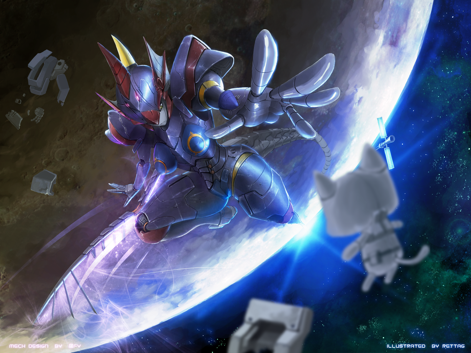 rettag, original, highres, breasts, cat, debris, epic, foreshortening, humanoid robot, mecha musume, no humans, non-humanoid robot, robot, satellite, solo, space, yellow eyes