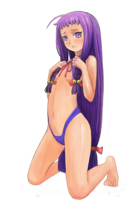 ikara, ayase yue, mahou sensei negima!, 1girl, ahoge, barefoot, bell, braid, breast suppress, criss-cross halter, female focus, flat chest, hair bell, hair ornament, halterneck, kneeling, long hair, navel, pretzel bikini, purple eyes, purple hair, ribbon, slingshot swimsuit, solo, swimsuit, twin braids, very long hair