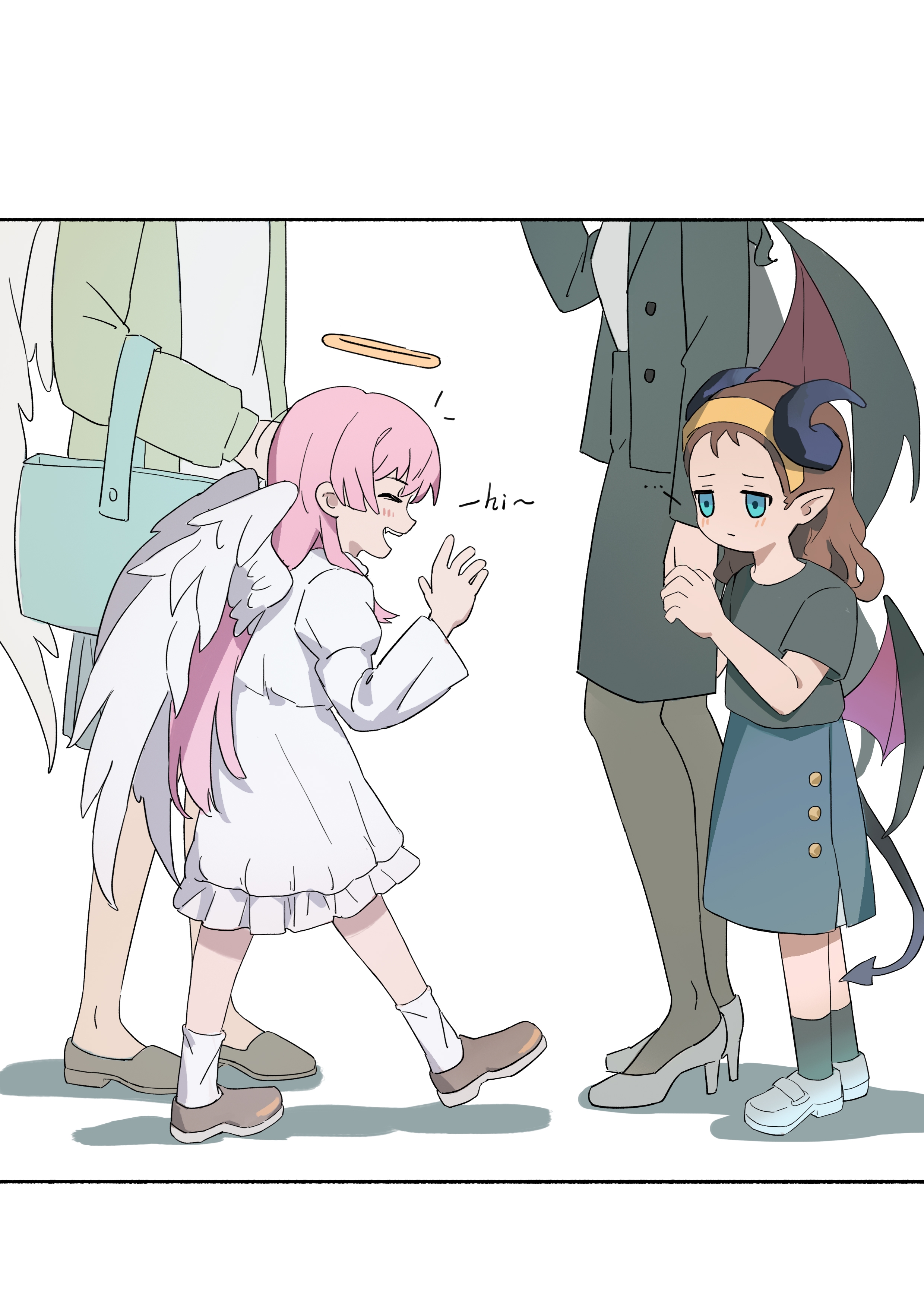 was775, chihaya anon, nagasaki soyo, bang dream!, bang dream! it's mygo!!!!!, absurdres, chinese commentary, commentary request, highres, 4girls, aged down, angel and devil, angel wings, black pantyhose, black shirt, black skirt, blue skirt, brown hair, dress, grey shoes, hairband, halo, hand up, horns, long hair, multiple girls, open mouth, pantyhose, shirt, shoes, short sleeves, skirt, teeth, upper teeth only, white dress, wings, yellow hairband