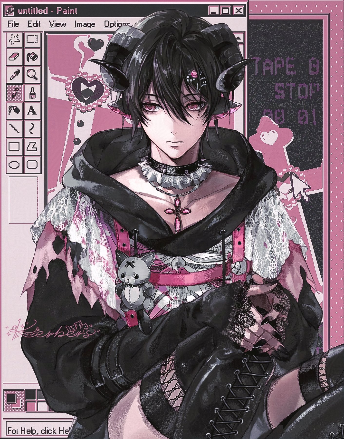 jingjue de yumiao, microsoft paint (software), original, hashtag-only commentary, highres, 1boy, animal ears, arm belt, black boots, black gloves, black hoodie, black horns, boots, chest harness, closed mouth, collar, collarbone, cross, curved horns, double-parted bangs, english text, fingerless gloves, gloves, goat boy, goat ears, goat horns, hair between eyes, hair ornament, hairclip, harness, hood, hoodie, horns, lace, lace-up boots, lace collar, male focus, pink eyes, sitting, solo, spiked collar, spikes, window (computing)