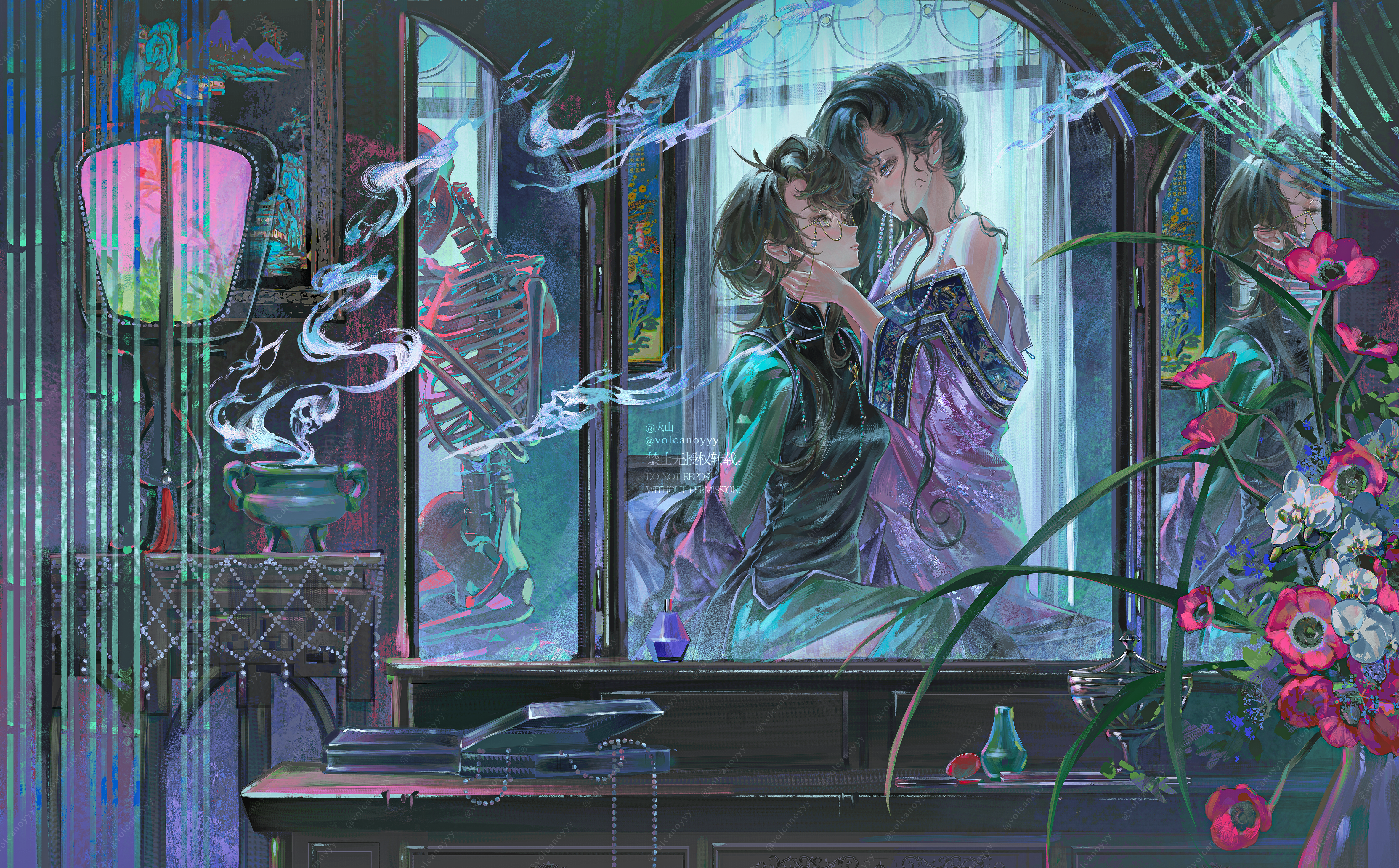 volcanoyyy, isolde (reverse:1999), kakania (reverse:1999), reverse:1999, absurdres, commentary request, highres, 2girls, artist name, asymmetrical bangs, black hair, blush, bottle, breasts, cleavage, eye contact, eyewear strap, flower, glasses, hand on another's neck, incense burner, indoors, jewelry, looking at another, mandarin collar, mirror, mouth hold, multiple girls, necklace, off shoulder, pankou, pearl necklace, pink flower, pointy ears, purple eyes, purple hanfu, round eyewear, shanghai neckline, single off shoulder, skeleton, smoke, too many watermarks, watermark, white flower, yellow eyes