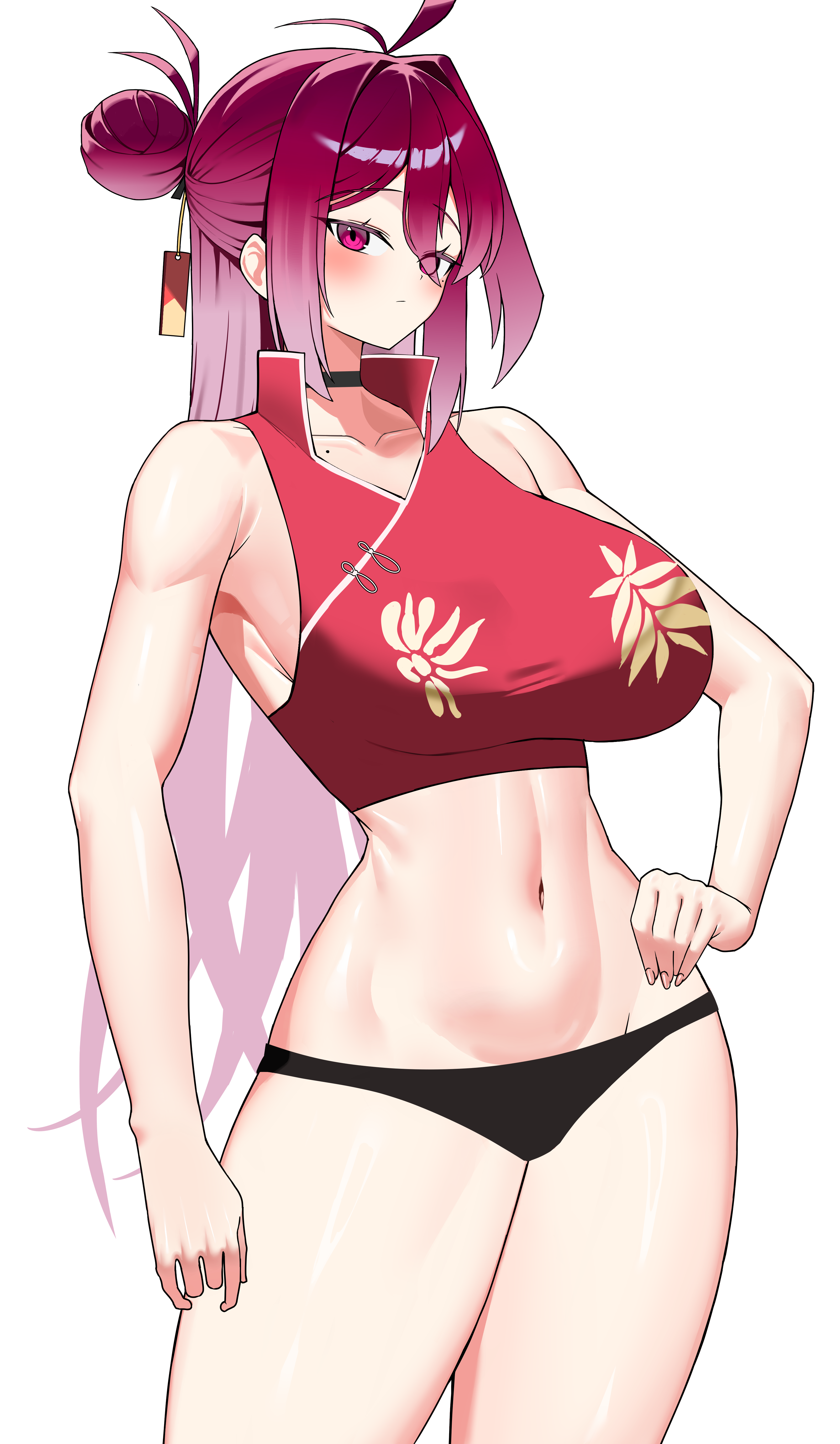 yagjaengi, reijo (blue archive), blue archive, absurdres, commentary, highres, 1girl, antenna hair, arm at side, armpit crease, bare arms, bare shoulders, black choker, black panties, blush, breasts, choker, closed mouth, collarbone, cowboy shot, crop top, floral print, groin, hair between eyes, hair bun, hand on own hip, large breasts, long hair, looking ahead, mole, mole on collarbone, mole under mouth, navel, no halo, no pants, panties, print shirt, red hair, red shirt, shirt, sideboob, simple background, single side bun, sleeveless, sleeveless shirt, solo, standing, stomach, underwear, very long hair, white background