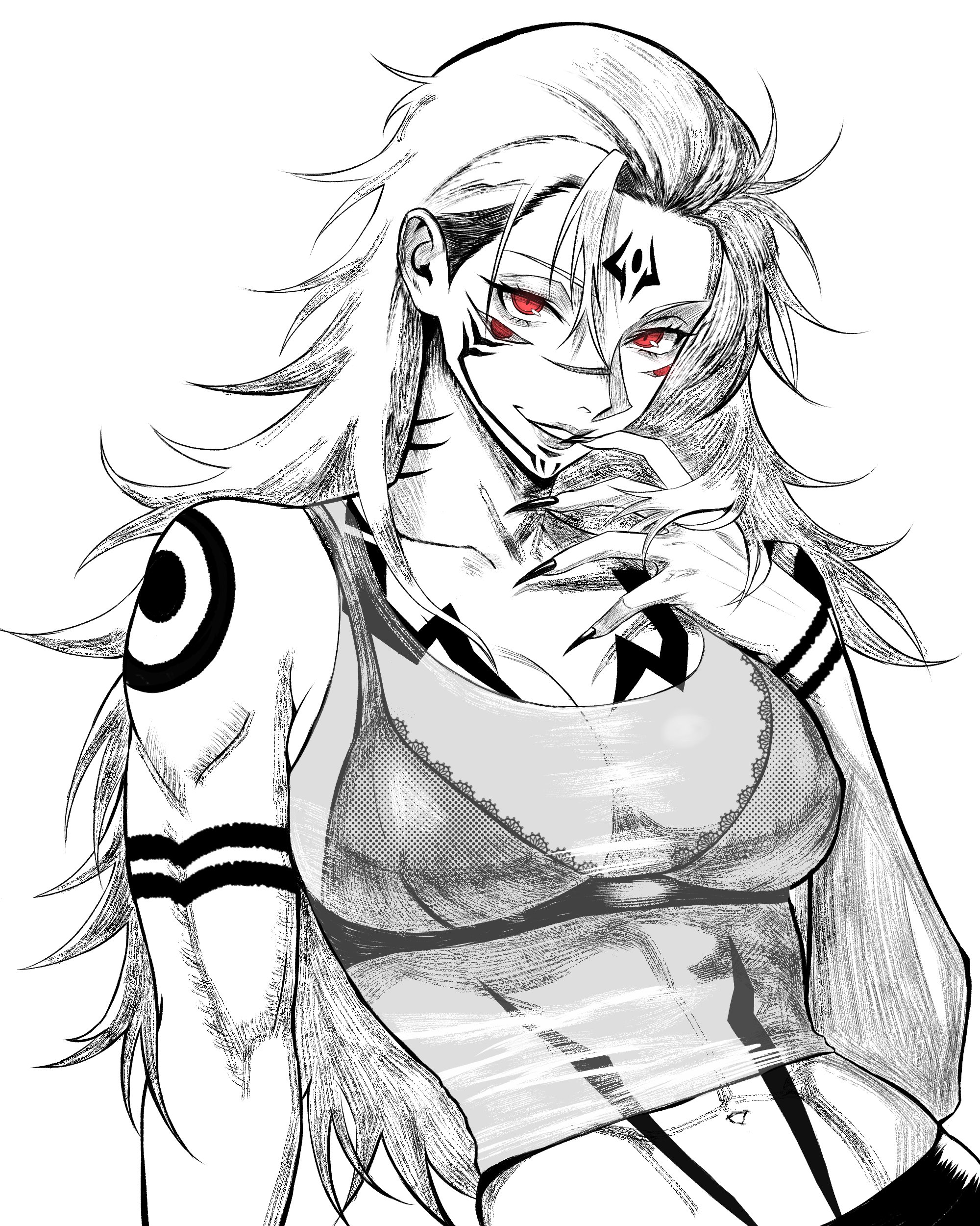 ryoumen sukuna (jujutsu kaisen), jujutsu kaisen, absurdres, commentary, english commentary, highres, arm tattoo, black nails, chest tattoo, collarbone, extra eyes, facial tattoo, forehead tattoo, four eyes, genderswap, genderswap (mtf), looking at viewer, muscular, muscular female, red eyes, smile, solo, tattoo, wrist tattoo, xlee knightiii
