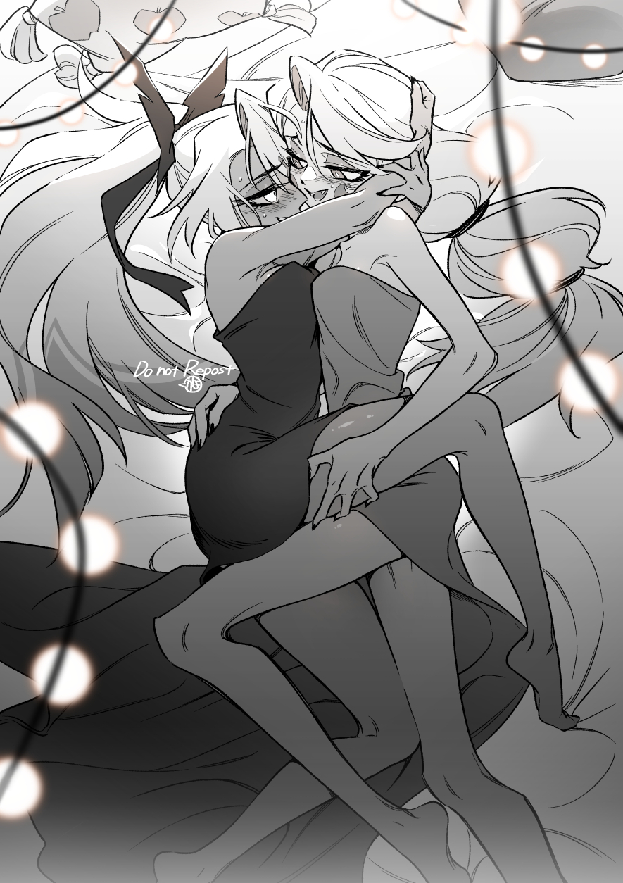 kayama (fukayama), charlie morningstar, vaggie, hazbin hotel, hellaverse, commentary, english commentary, highres, 2girls, bare legs, barefoot, blush, bow, circle facial mark, demon girl, facial mark, fangs, from above, greyscale, hair bow, hand on another's thigh, hug, leg lift, monochrome, multi-tied hair, multiple girls, nude, open mouth, ponytail, smile, sweat, thighs, wrapped in blanket, yuri