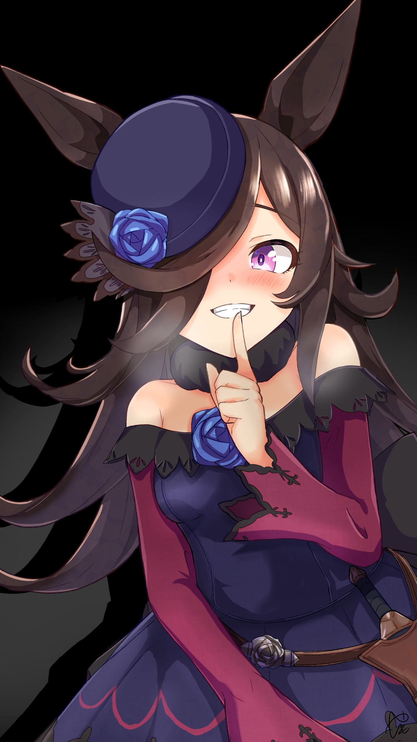 yashimo 1875, rice shower (rosy dreams) (umamusume), rice shower (umamusume), umamusume, absurdres, commentary request, highres, 1girl, animal ears, blue flower, blue hat, blue rose, blush, brown hair, dagger, dress, fascinator, flipped hair, flower, fur choker, hair over one eye, hat, hat flower, horse ears, horse girl, horse tail, knife, long hair, looking at viewer, off-shoulder dress, off shoulder, purple eyes, rose, smile, solo, tail, tilted headwear, weapon