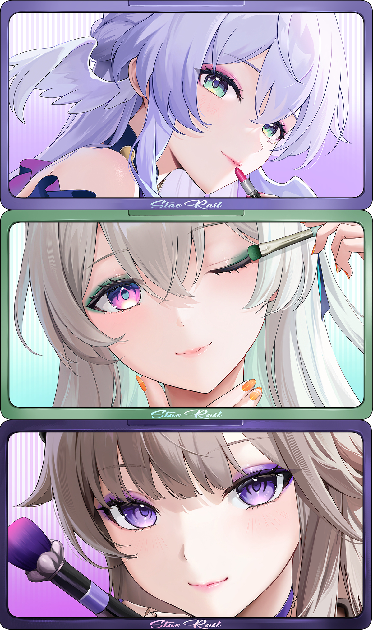 kottungyang, firefly (honkai: star rail), herta (honkai: star rail), robin (honkai: star rail), the herta (honkai: star rail), honkai: star rail, honkai (series), commentary request, highres, 3girls, applying makeup, applying own makeup, blue pupils, copyright name, cosmetics, eyeliner, eyeshadow, green eyeshadow, grey hair, head wings, holding, holding brush, holding lipstick tube, holding makeup brush, lipstick, lipstick tube, looking at viewer, makeup, makeup brush, multiple girls, nail polish, one eye closed, orange nails, pink lips, purple eyes, purple hair, smile, upper body, white wings, wings