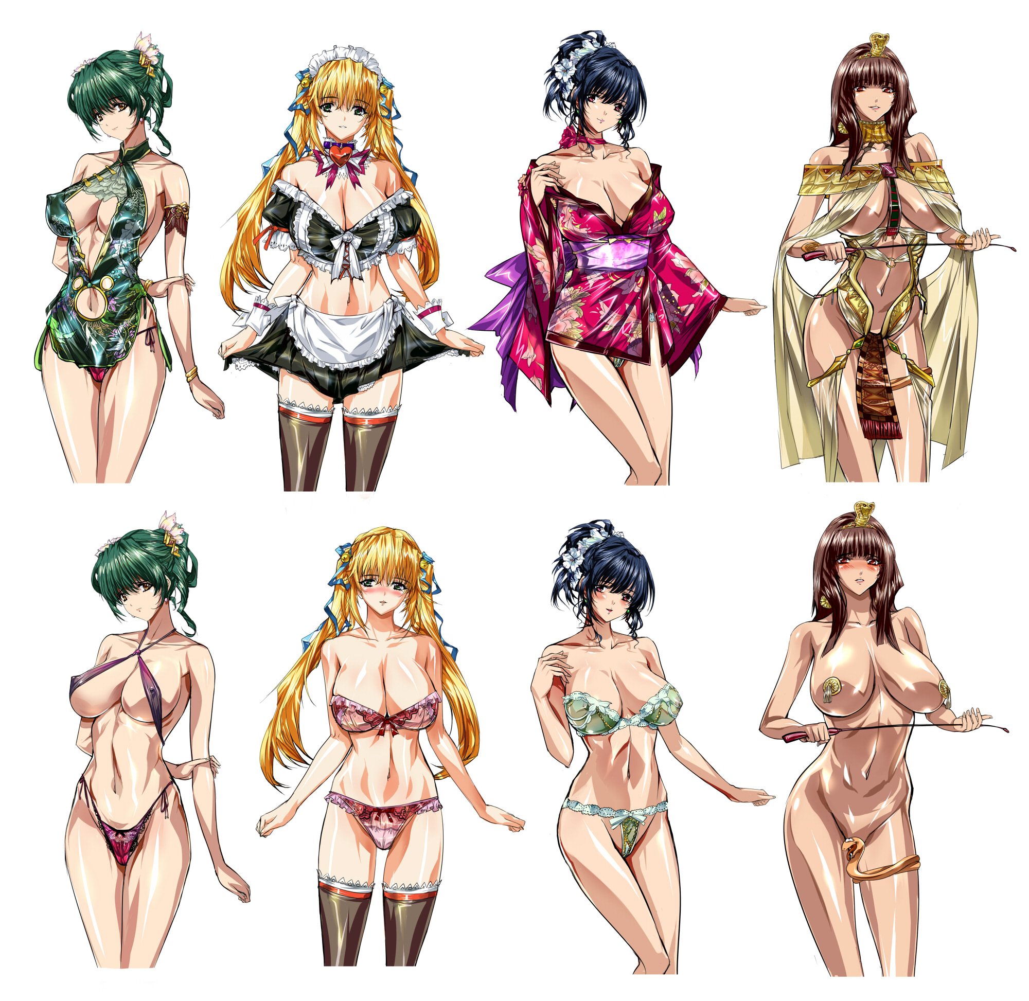 q azieru, original, highres, 4girls, ancient egyptian, ancient egyptian clothes, bare shoulders, bell, black hair, blonde hair, blue hair, blush, bra, breasts, brown eyes, brown hair, censored, china dress, chinese clothes, choker, cleavage, convenient censoring, covered erect nipples, detached collar, dress, egypt, flower, green eyes, green hair, hair bell, hair bun, hair ornament, halterneck, heart, horse whip, japanese clothes, jewelry, kimono, lace, lace-trimmed panties, lace trim, large breasts, lingerie, long hair, looking at viewer, maid, midriff, multiple girls, no bra, no panties, panties, pantyshot, pasties, red eyes, revealing clothes, ribbon, shiny clothes, shiny skin, short hair, side-tie panties, simple background, skirt, standing, tassel pasties, thighhighs, twintails, underboob, underwear, underwear only, white background