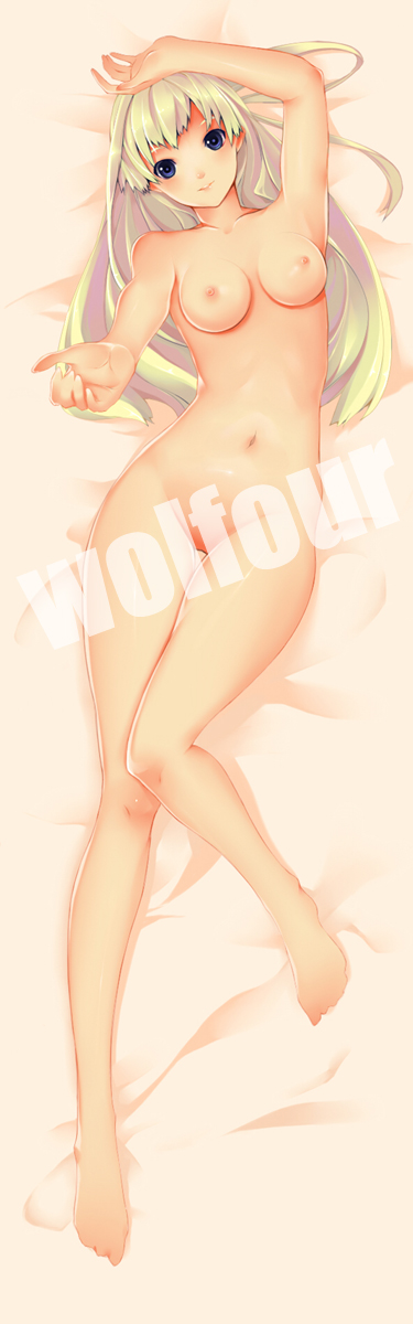 wolfour, original, highres, 1girl, arm up, armpits, barefoot, beckoning, blonde hair, blue eyes, breasts, dakimakura (medium), female focus, full body, legs, lying, navel, nipples, nude, on back, outstretched arm, outstretched hand, reaching, smile, solo