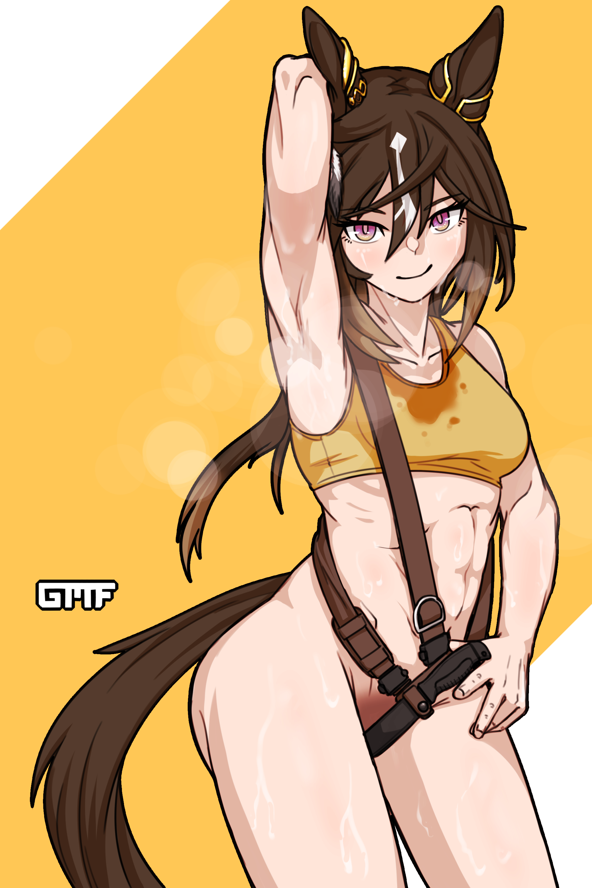 stay gold (umamusume), umamusume, absurdres, commentary, english commentary, highres, 1girl, abs, alternate hair color, animal ears, armpits, black hair, bottomless, censored, gasmaskfox, horse ears, horse girl, horse tail, knife sheath, long hair, looking at viewer, orange background, orange sports bra, sheath, smile, sports bra, sweat, tail, two-tone background, white background, white hair