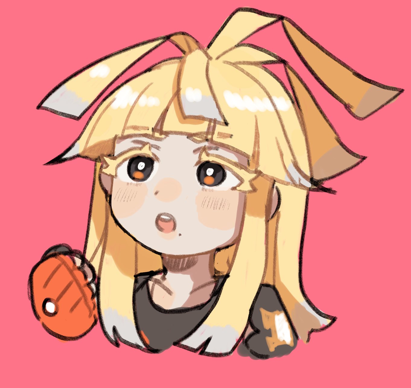 umeno emm, ivor (pokemon), nintendo, pokemon, pokemon legends: z-a, commentary, highres, symbol-only commentary, 1boy, :o, blonde hair, clenched hand, colored eyelashes, cropped torso, fingerless gloves, gloves, long hair, male focus, mole, mole under mouth, open mouth, red background, solo, teeth, upper body, upper teeth only