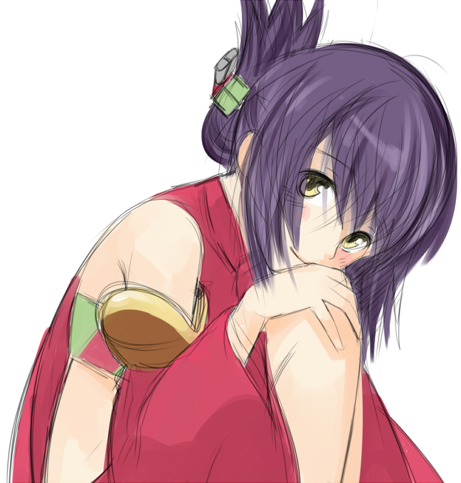 enoki p, luca truelywaath, ar tonelico, ar tonelico ii, gust, bad id, bad pixiv id, 1girl, bare shoulders, blue hair, detached sleeves, female focus, folded ponytail, hair ornament, short hair, simple background, smile, solo, yellow eyes