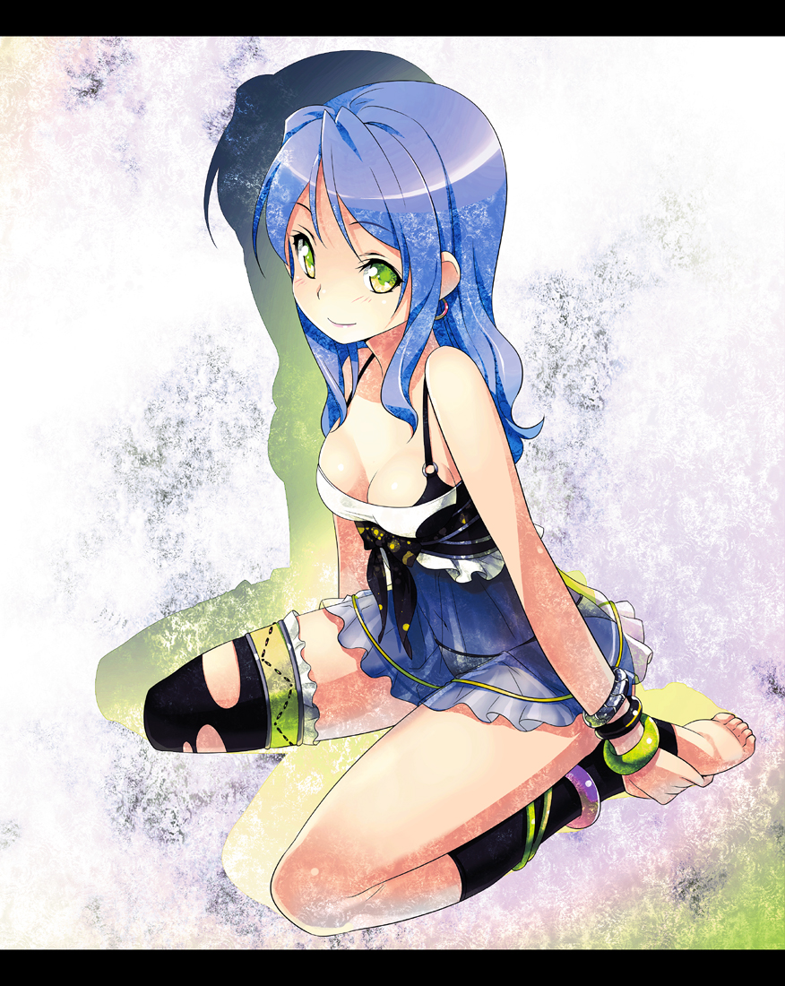 kousaki rui, original, 1girl, anklet, bangle, barefoot, blue hair, bra strap, bracelet, breasts, chemise, cleavage, feet, female focus, full body, green eyes, hands on feet, jewelry, letterboxed, see-through clothes, seiza, shadow, sitting, smile, solo, thighhighs, toeless legwear, toes, torn clothes, torn thighhighs