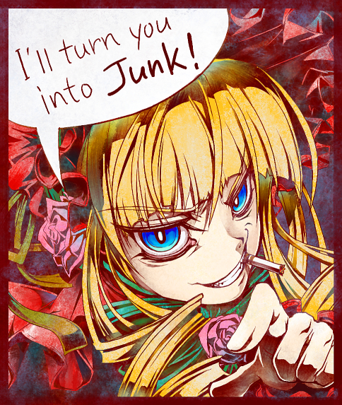 sasa ichi, shinku, rozen maiden, 00s, 1girl, blonde hair, blue eyes, bonnet, cigarette, english text, female focus, flower, grin, pointing, rose, smile, solo, text focus