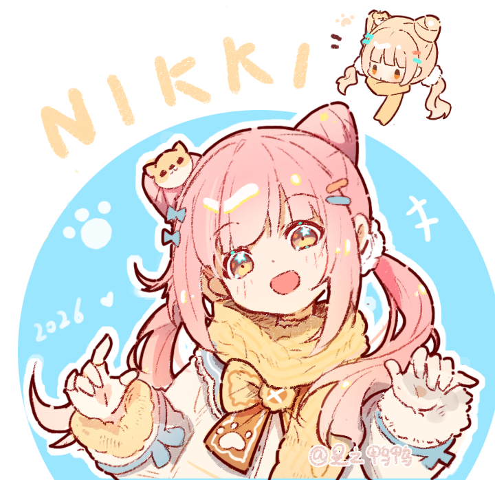 cherilynorz, nikki (nikki), infinity nikki, nikki (series), commentary request, +++, 1girl, 2026, :o, artist name, blonde hair, blue background, blue bow, blue sailor collar, blunt bangs, bow, bowtie, brooch, brown bow, brown bowtie, brown eyes, buttons, character name, claw pose, coat, cone hair bun, dog hair ornament, dot nose, double bun, fingerless gloves, frilled sailor collar, frills, fur-trimmed sleeves, fur trim, gloves, guardian floof (infinity nikki), hair bow, hair bun, hair ornament, hair over shoulder, hair scrunchie, hairclip, happy, head only, jewelry, light blush, long hair, long sleeves, low twintails, multiple views, notice lines, open mouth, outline, parallel hairclips, parted lips, paw print, paw print pattern, pink hair, print bow, print bowtie, sailor collar, scarf, scrunchie, sleeve bow, smile, solid oval eyes, star (symbol), star in eye, symbol in eye, tareme, twintails, two-tone background, upper body, white background, white coat, white gloves, white outline, white scrunchie, winter clothes, winter coat, yellow scarf