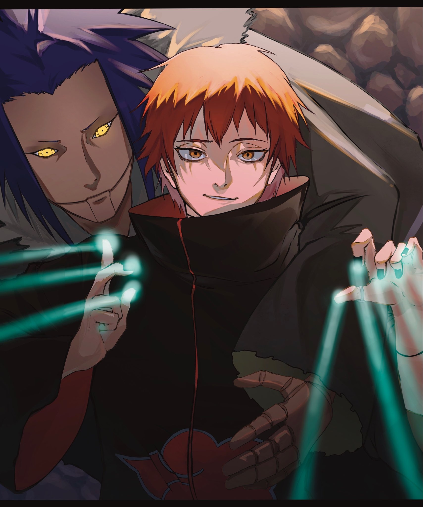 sasori (naruto), third kazekage, naruto (series), naruto shippuuden, commentary request, highres, 1boy, akatsuki uniform, black coat, black nails, coat, long sleeves, looking at viewer, male focus, parted lips, puppet, puppet strings, red eyes, red hair, satozatt, short hair, smile, solo, upper body, wide sleeves