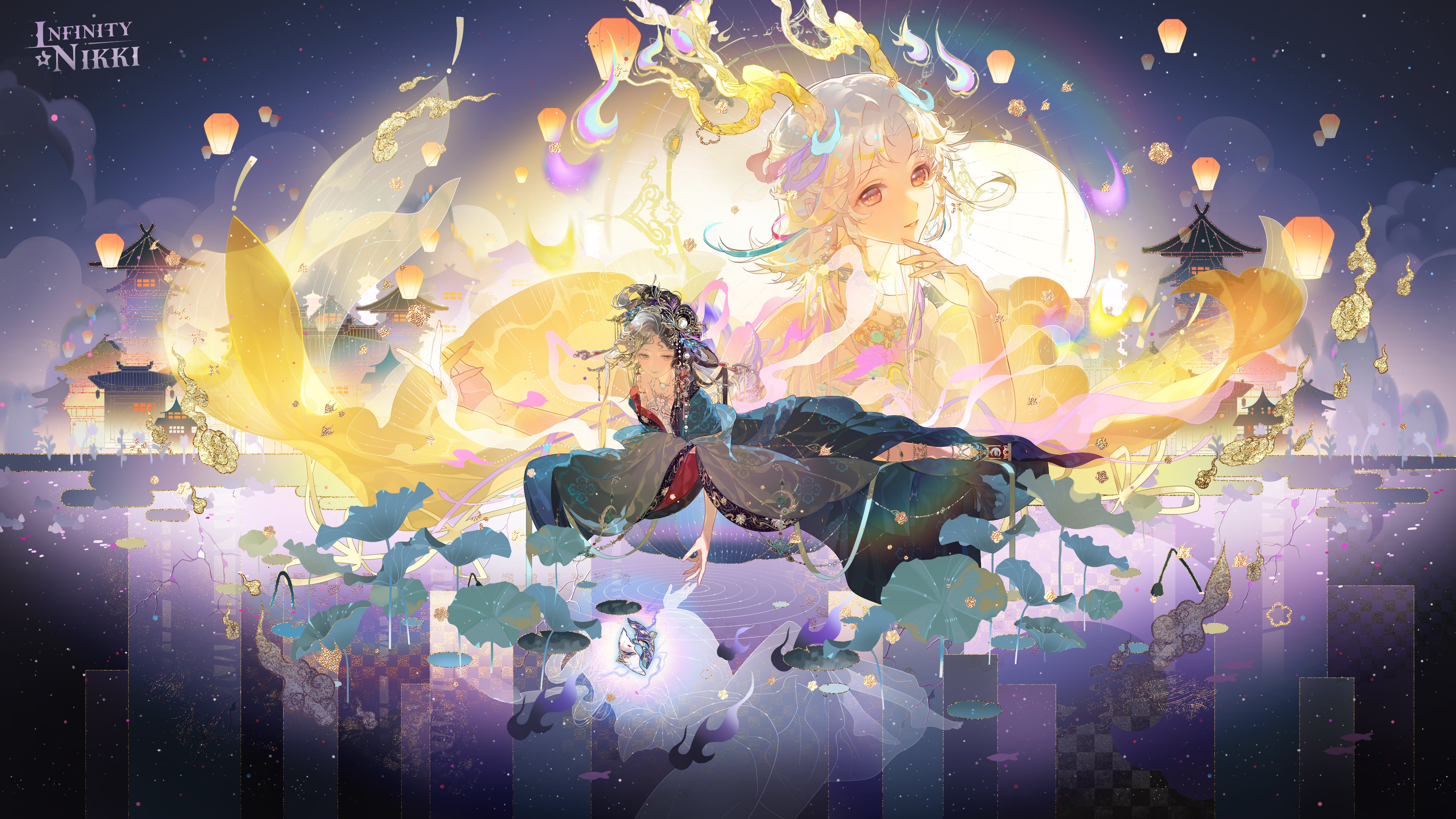 infinity nikki, nikki (series), absurdres, artist request, commentary, english commentary, highres, official art, second-party source, 2girls, anklet, antlers, architecture, black hair, black robe, brown eyes, chinese hairpin, chroma's mortal heart (infinity nikki), closed mouth, cloud, copyright logo, deer antlers, different reflection, dress, east asian architecture, floating, full body, giant, giantess, grey shawl, hair bun, hair ornament, hair rings, hairpin, half updo, hand on own chin, happy, high heels, horns, jewelry, lantern, light blush, light particles, lily pad, logo, long hair, long sidelocks, long sleeves, looking at viewer, lying, multicolored hair, multiple girls, multiple hairpins, night, ocean, on stomach, outdoors, pagoda, paper lantern, parted lips, purple eyes, reaching, reflection, reflective liquid, ripples, robe, shawl, shoes, sidelocks, single hair bun, size difference, smile, split-color hair, strapless, strapless dress, town, two-tone hair, very long hair, where wanxiang weaves life (infinity nikki), white dress, white hair, wide sleeves, yellow hanfu, yellow horns, yellow shoes