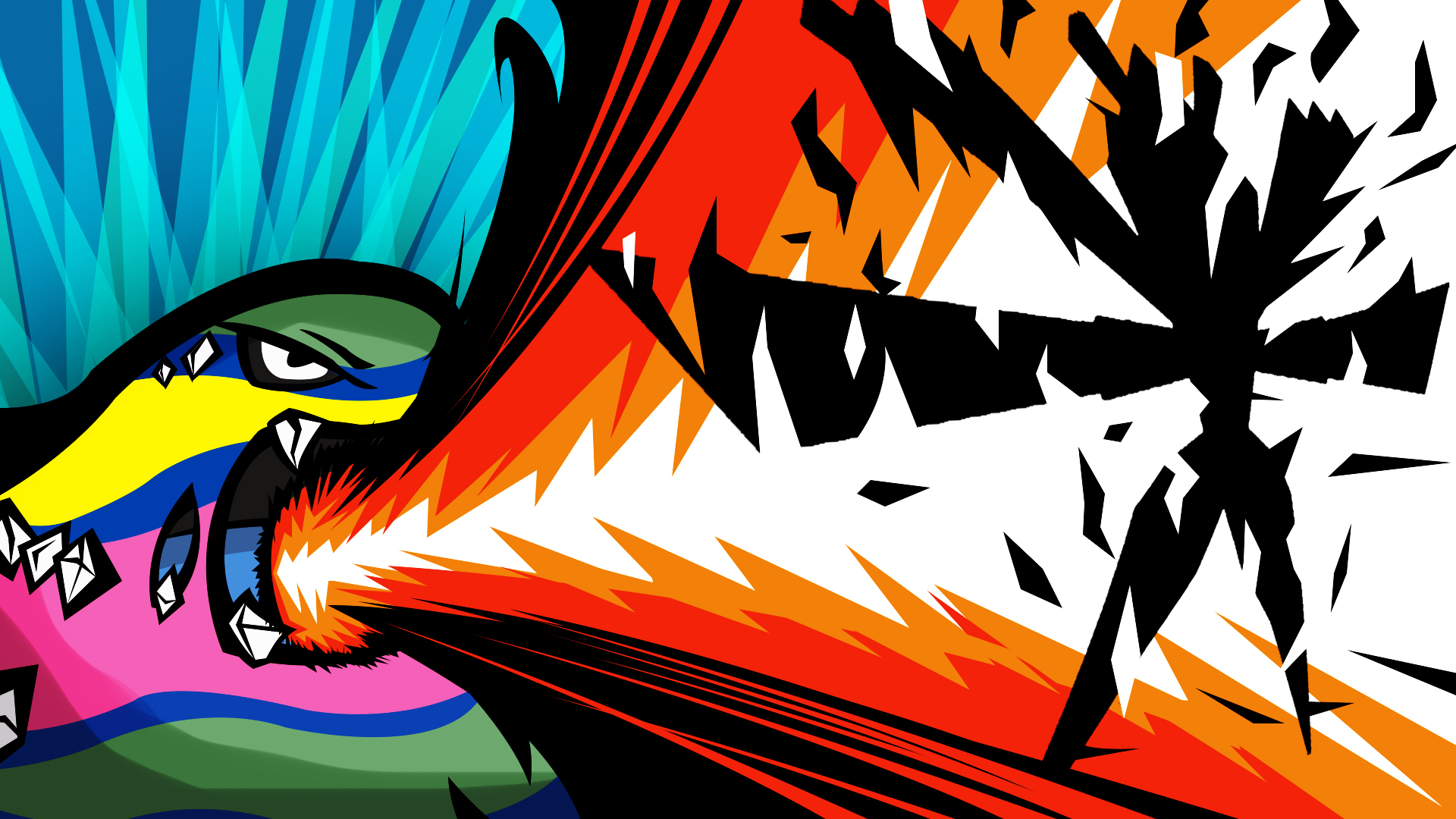 atrix mj, alolan muk, kartana, nintendo, pokemon, highres, video thumbnail, alolan form, breath weapon, breathing fire, disintegration, fangs, fire, flamethrower (pokemon), gen 7 pokemon, no humans, open mouth, pokemon (creature), pokemon focus, pokemon move, thick lineart, ultra beast, youtube video thumbnail