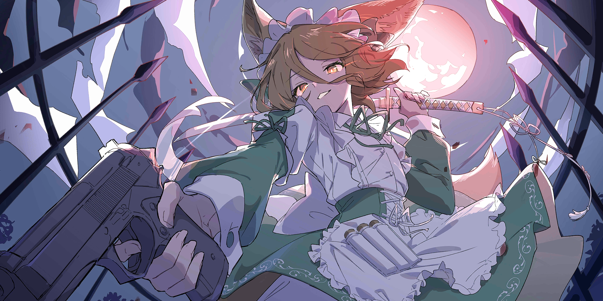 kudamaki tsukasa, touhou, touhou lostword, artist request, game cg, highres, official art, third-party source, 1girl, alternate costume, animal ear fluff, animal ears, apron, asymmetrical dual wielding, blonde hair, dress, dual wielding, enmaided, fox ears, fox girl, fox tail, full moon, glint, green dress, green ribbon, gun, handgun, holding, holding gun, holding sword, holding weapon, katana, long sleeves, looking at viewer, maid, medium hair, moon, neck ribbon, night, red moon, ribbon, sky, solo, sword, tail, test tube, weapon, white apron, yellow eyes