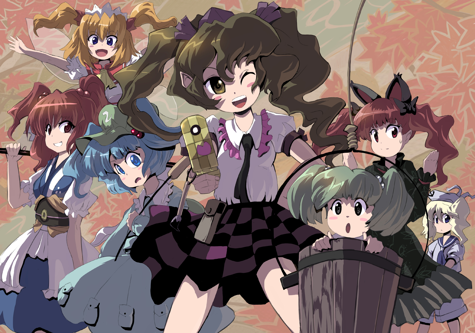 syope, himekaidou hatate, kaenbyou rin, kawashiro nitori, kisume, kitashirakawa chiyuri, onozuka komachi, sunny milk, perfect memento in strict sense, phantasmagoria of dim.dream, touhou, touhou (pc-98), highres, 6+girls, animal ears, backpack, bag, blonde hair, blue eyes, blue hair, brown eyes, brown hair, bucket, cat ears, cat girl, cellphone, checkered clothes, checkered skirt, extra ears, female focus, green eyes, green hair, hair bobbles, hair ornament, hat, in bucket, in container, key, multiple girls, necktie, phone, pointy ears, randoseru, red eyes, red hair, sailor, short hair, skirt, tokin hat, twintails, two side up, wings