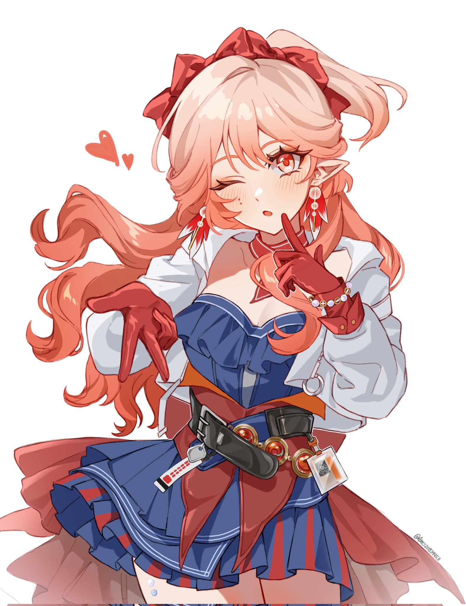 amo20839453, haruka (arknights), arknights, commentary request, highres, 1girl, blue dress, breasts, cleavage, dress, earrings, gloves, heart, inward w, jacket, jewelry, large breasts, long hair, looking at viewer, orange hair, parted lips, pointy ears, red eyes, red gloves, simple background, solo, very long hair, white background, white jacket