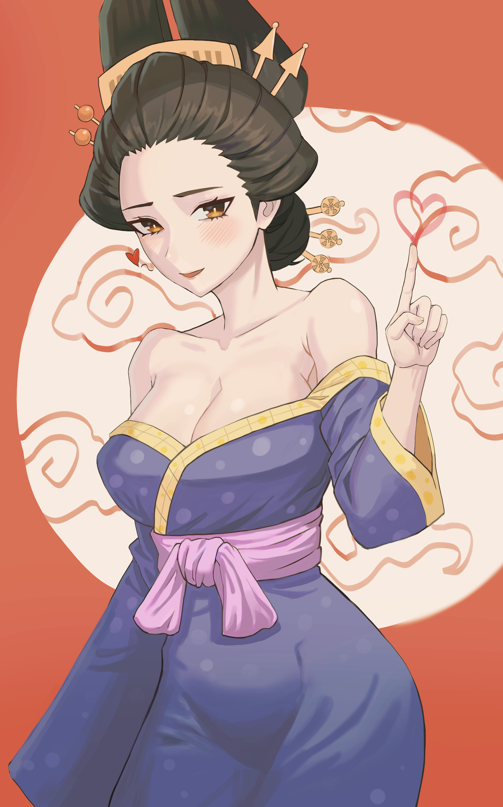 oro (lsg0624), daki (kimetsu no yaiba), kimetsu no yaiba, absurdres, commentary request, highres, 1girl, bangs pinned back, bare shoulders, black hair, blue kimono, blush, breasts, brown eyes, cleavage, collarbone, cowboy shot, drawn heart, hair ornament, hair stick, hand up, index finger raised, japanese clothes, kimono, kimono partially removed, large breasts, looking at viewer, open mouth, pink sash, sash, short hair, smile, solo