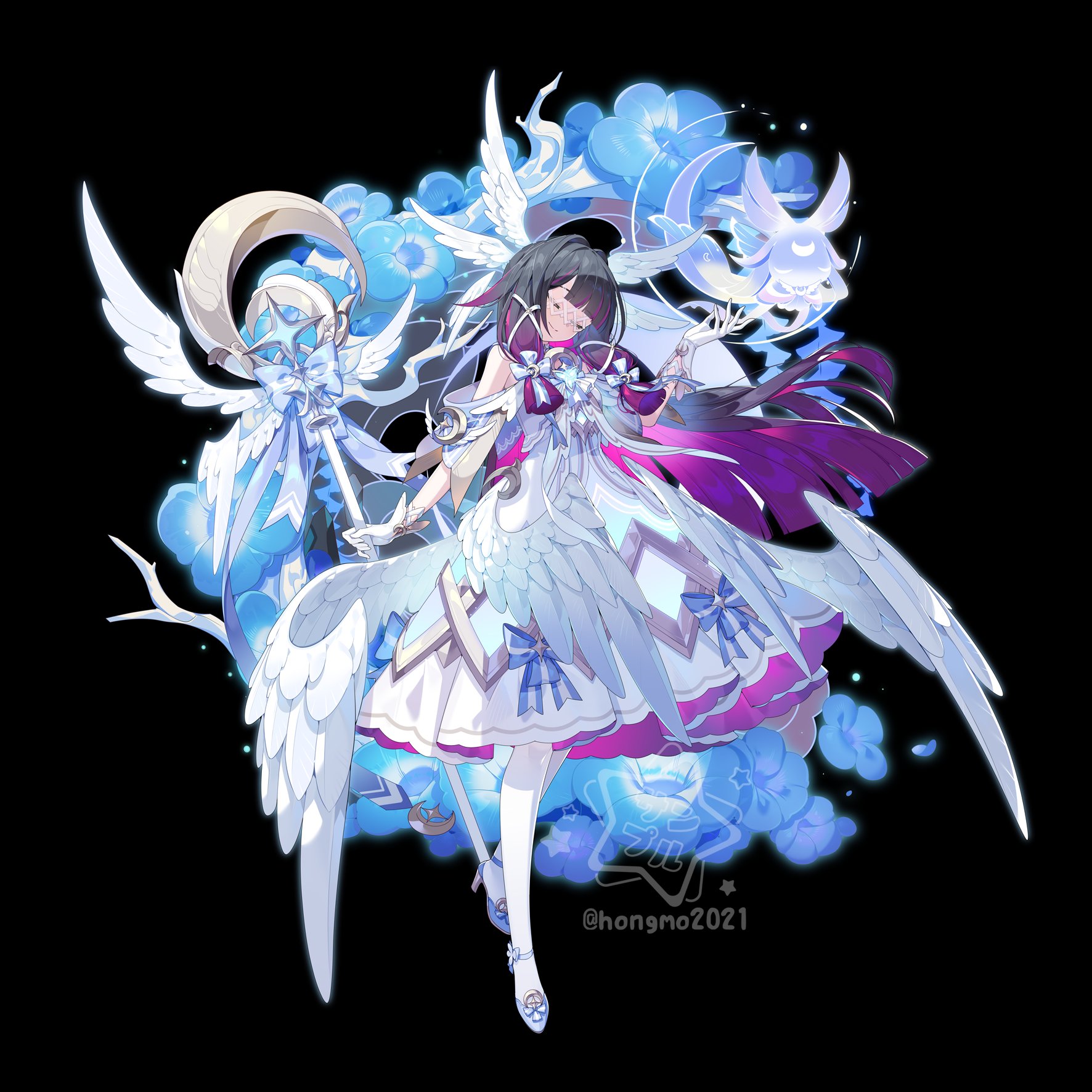 hongmomo, columbina (genshin impact), luonnotar (genshin impact), genshin impact, commentary, hashtag-only commentary, highres, 1girl, adapted costume, bare shoulders, black background, black hair, blue bow, bow, closed eyes, dress, eye mask, full body, gloves, hair ornament, head wings, high heels, long hair, magical girl, mask, multicolored hair, pink hair, purple hair, simple background, skirt, smile, striped bow, twitter username, very long hair, wand, white dress, white gloves, white mask, wing hair ornament, winged wand, wings