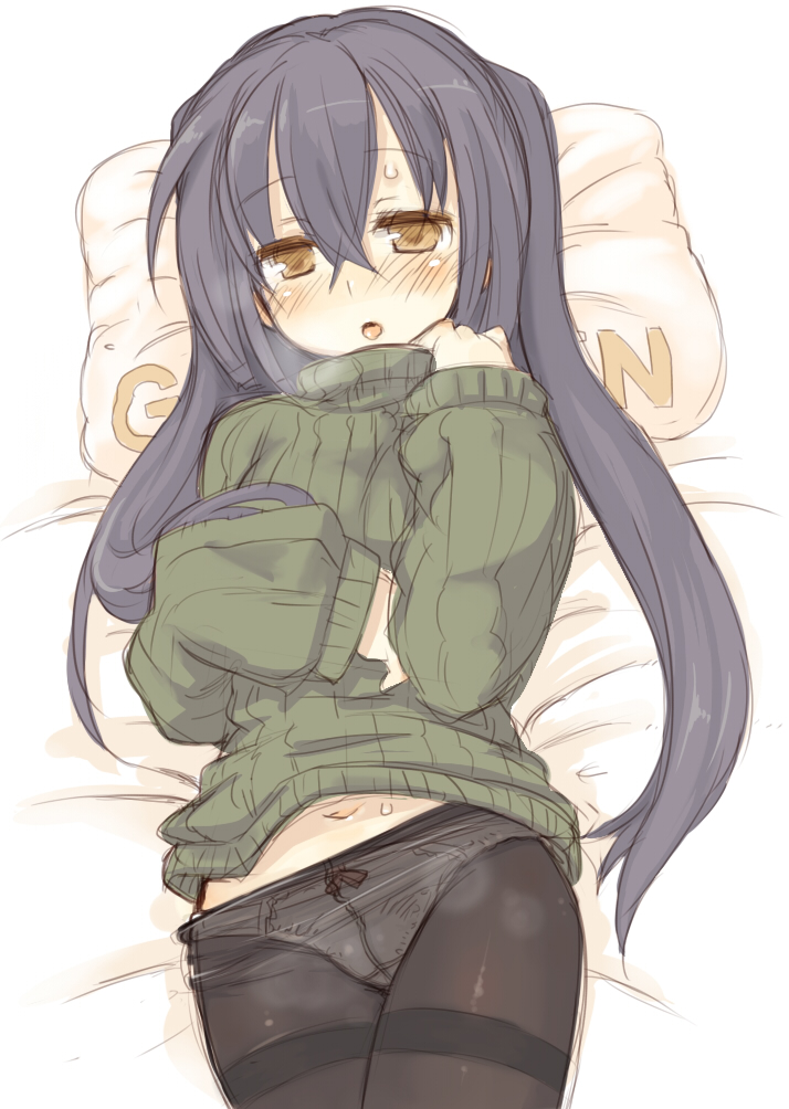 7010, original, 1girl, black hair, black pantyhose, blush, breath, crotch seam, female focus, loli, lying, navel, on back, panties, panties under pantyhose, pantyhose, pillow, sketch, solo, sweat, sweater, thighband pantyhose, twintails, underwear, yellow eyes