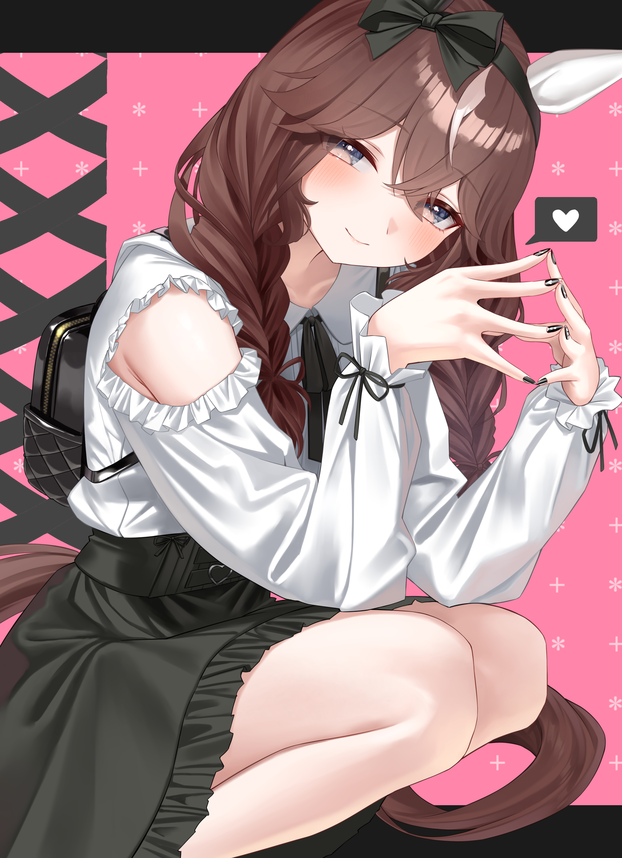 menchi rishio, curren bouquetd'or (umamusume), umamusume, absurdres, commentary request, highres, 1girl, animal ears, black skirt, blue eyes, blush, braid, brown hair, brown tail, closed mouth, clothing cutout, crossed bangs, frilled shirt, frilled skirt, frilled sleeves, frills, hair between eyes, heart, horse ears, horse girl, horse tail, jirai kei, long sleeves, looking at viewer, low twin braids, multicolored hair, pink background, shirt, shoulder cutout, skirt, smile, solo, spoken heart, squatting, streaked hair, tail, twin braids, white shirt, white streaks