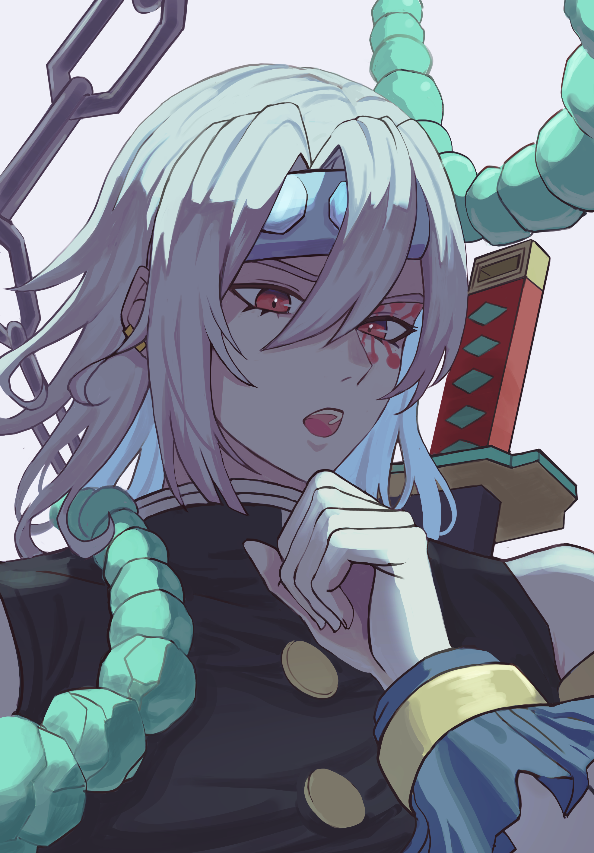 oro (lsg0624), uzui tengen, kimetsu no yaiba, absurdres, commentary request, highres, 1boy, blue headband, demon slayer uniform, double-parted bangs, facial mark, hair between eyes, hand up, headband, looking down, male focus, medium hair, open mouth, red eyes, simple background, solo, thinking, upper body, white background, white hair