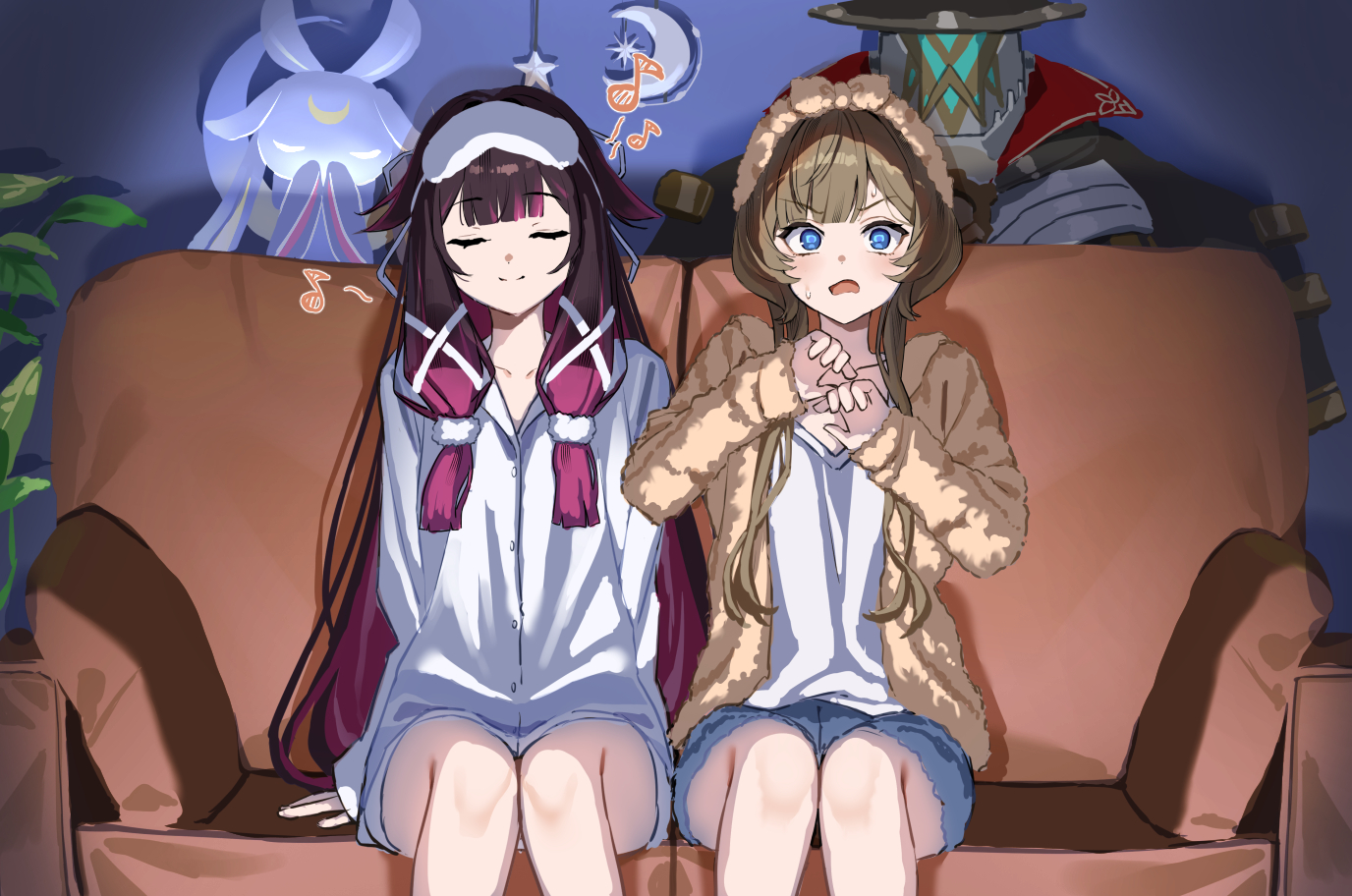 nao (naoooo a), columbina (genshin impact), pulonia (genshin impact), sandrone (genshin impact), genshin impact, commentary request, 2girls, alternate costume, alternate hairstyle, black hair, blue eyes, brown hair, closed eyes, closed mouth, couch, facing viewer, indoors, kuuhenki (genshin impact), long hair, long sleeves, looking at viewer, multiple girls, on couch, open mouth, purple hair, sitting, smile