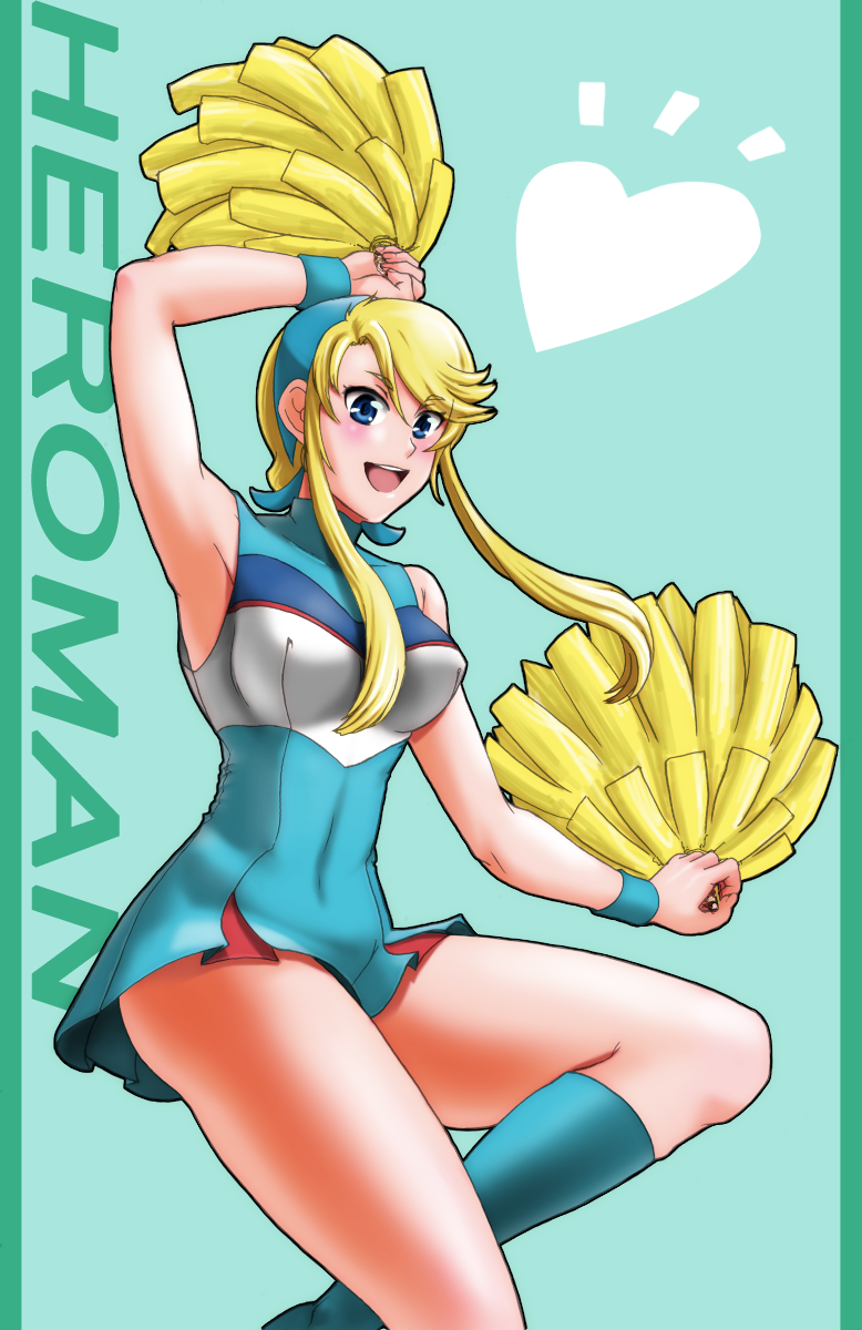 kurotama saki, lina davis, heroman, highres, blonde hair, blue eyes, blush, breasts, cheerleader, hairband, pom pom (cheerleading), skirt, solo, twintails