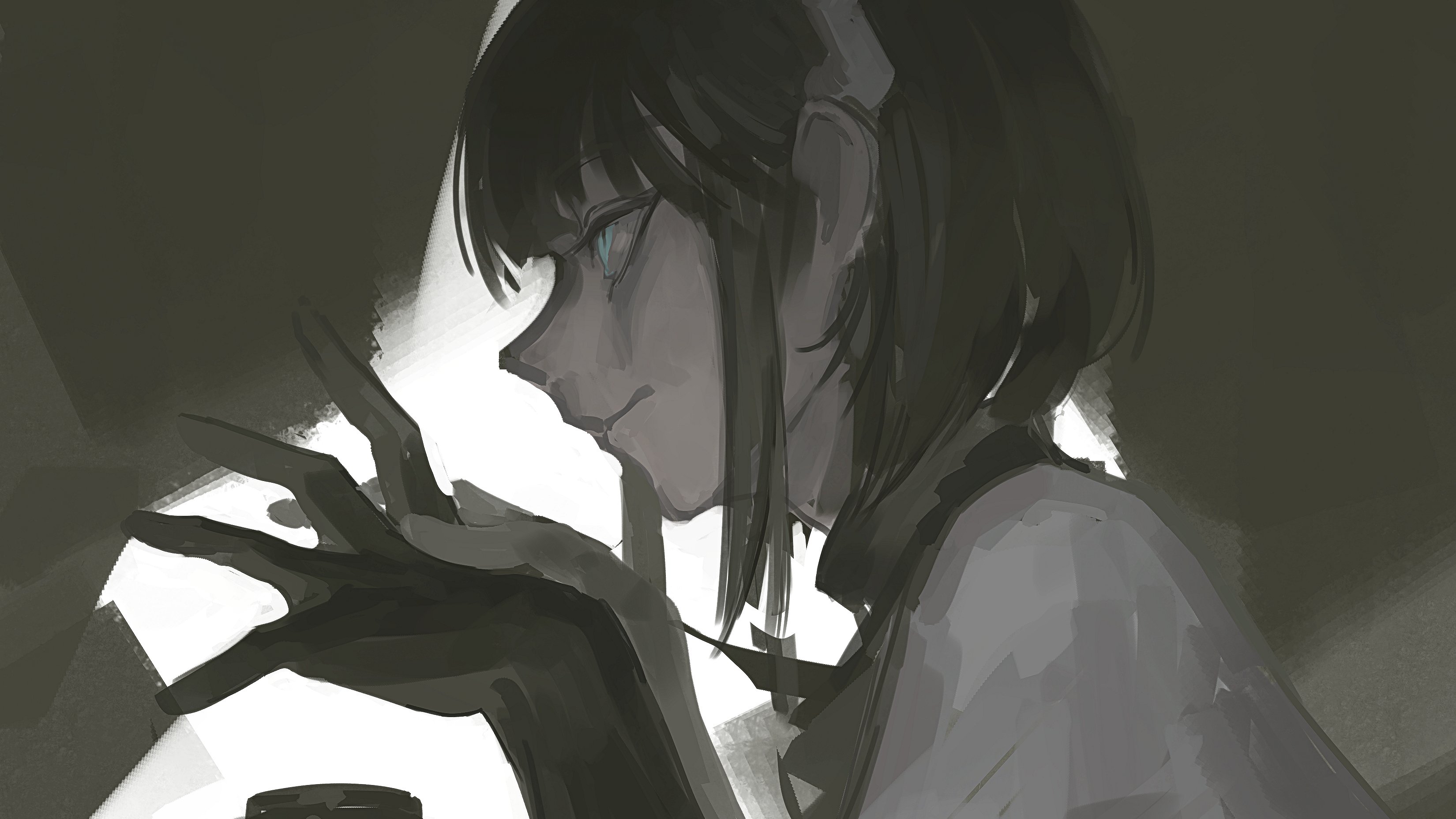 phyriaxi, original, absurdres, commentary, highres, symbol-only commentary, 1girl, adjusting clothes, adjusting gloves, aqua eyes, black gloves, black hair, cape, closed mouth, gloves, grey cape, horns, looking ahead, magpie (phyriaxi), portrait, short hair, sidelocks, simple background, solo, white background, white horns