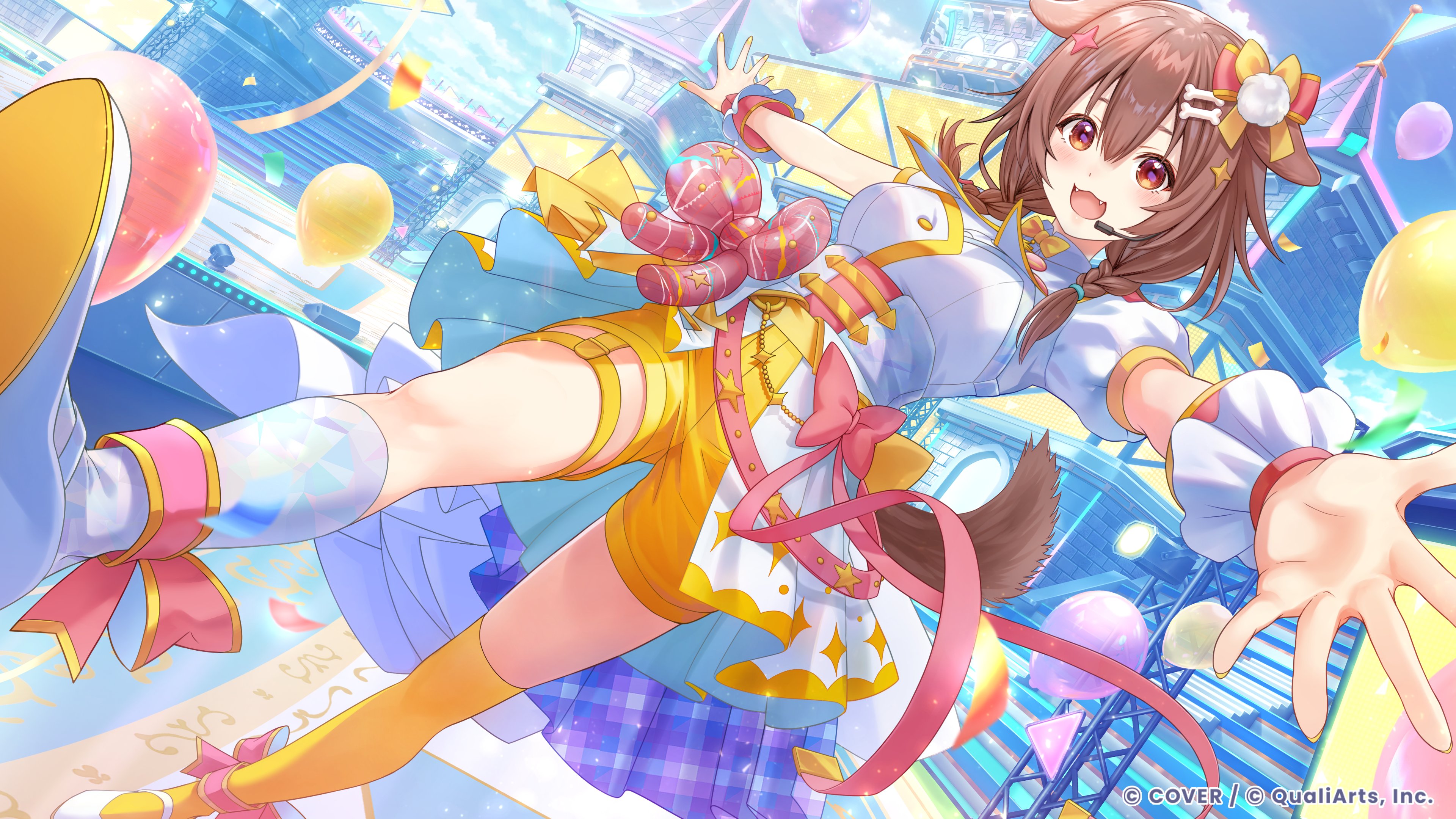 inugami korone, hololive, absurdres, commentary request, highres, official art, 1girl, :3, :d, animal ears, asymmetrical legwear, balloon, bone hair ornament, bow, bowtie, braid, brown eyes, brown hair, cartoon bone, collared shirt, confetti, copyright name, corset, day, dog ears, dog girl, dog tail, double-parted bangs, fangs, garter straps, hair between eyes, hair bow, hair ornament, headset, hololive dreams, implied extra ears, kneehighs, looking at viewer, low twin braids, medium hair, mismatched legwear, official alternate costume, open mouth, outdoors, outstretched arms, over-kneehighs, overskirt, pom pom (clothes), pom pom hair ornament, puffy short sleeves, puffy sleeves, shirt, shoes, short sleeves, shorts, single garter strap, single over-kneehigh, single thighhigh, skirt, smile, socks, solo, tail, thigh strap, thighhighs, twin braids, uneven legwear, virtual youtuber, white corset, white shirt, white shoes, white skirt, white socks, worried, wrist cuffs, yellow bow, yellow bowtie, yellow shorts, yellow thighhighs