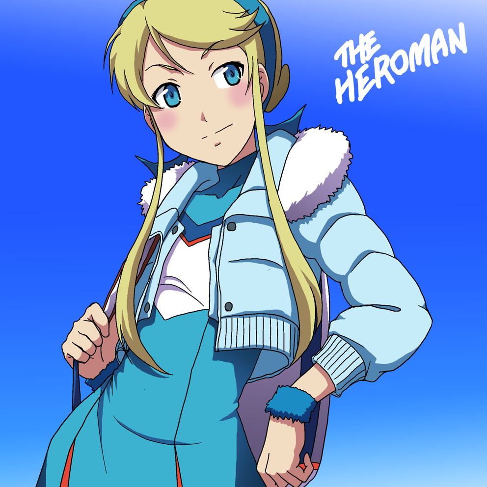 takaya n, lina davis, heroman, 1girl, blonde hair, blue background, blue dress, blue eyes, blue hairband, blue jacket, blush, buttons, cheerleader, closed mouth, cropped jacket, dress, female focus, fur collar, fur trim, gradient background, hairband, head tilt, jacket, long sleeves, looking at viewer, nervous sweating, short hair with long locks, sidelocks, simple background, smile, solo, sweat, swept bangs, twintails, unbuttoned, upper body
