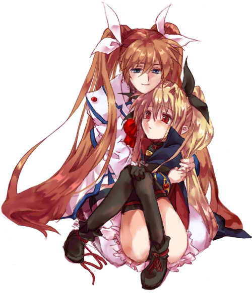 mirrrrr, fate testarossa, fate testarossa (original form), takamachi nanoha, takamachi nanoha (aggressor mode), lyrical nanoha, mahou shoujo lyrical nanoha, bad id, bad pixiv id, 00s, 2girls, blonde hair, blue eyes, brown hair, cape, hug, legs, long hair, multiple girls, red eyes, ribbon, shoes, skirt, thighhighs, time paradox, twintails, very long hair, zettai ryouiki