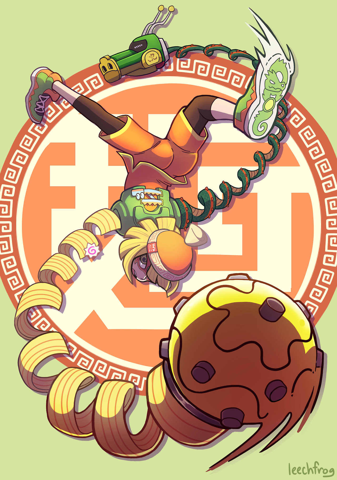 leechfrog, min min (arms), arms (game), beanie, blonde hair, bob cut, colored extremities, domino mask, dragon (arms), extendable limbs, eye mask, green eyes, green shoes, hat, knit hat, leggings, leggings under shorts, mask, megawatt (arms), motion blur, open mouth, orange hat, orange shorts, shoes, short hair, shorts, solo