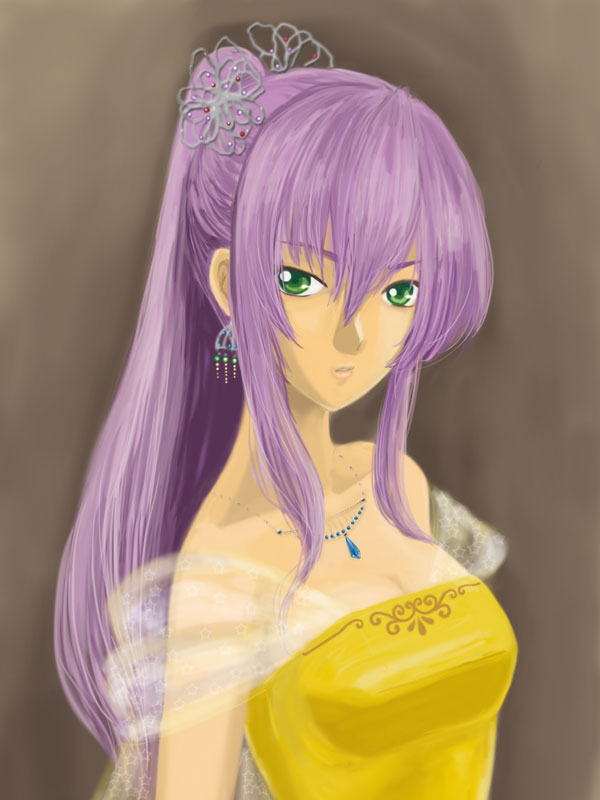 9646emily, faris scherwiz, final fantasy, final fantasy v, bad id, bad pixiv id, 1990s (style), 1girl, alternate costume, alternate hairstyle, breasts, dress, earrings, female focus, gradient background, green eyes, hair ornament, jewelry, long hair, necklace, ponytail, princess, purple hair, retro artstyle, see-through clothes, solo