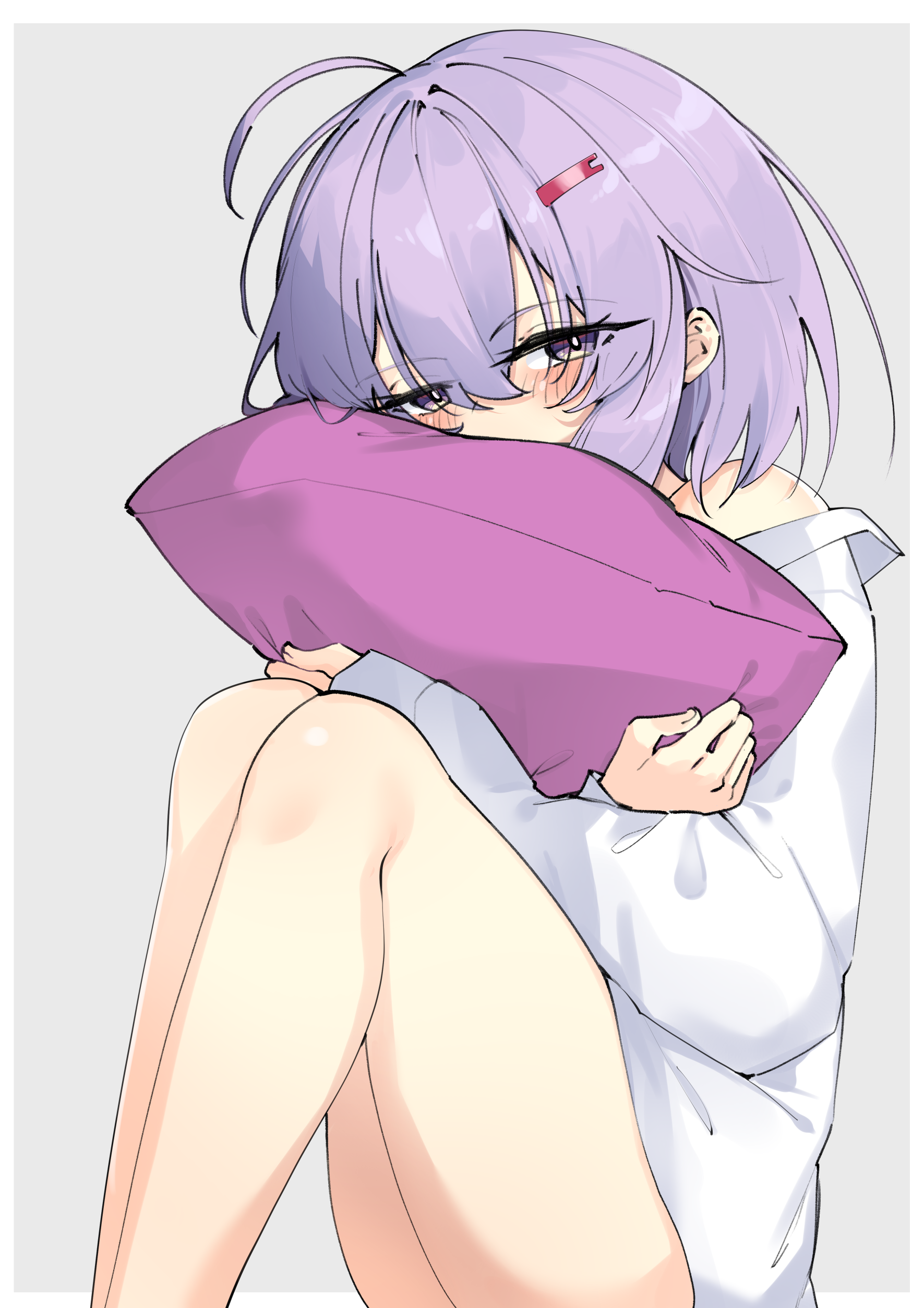 zooanime, yuzuki yukari, yuzuki yukari (shizuku), a.i. voice, voiceroid, absurdres, commentary request, highres, bare legs, bare shoulders, blush, hair ornament, hairpin, half-closed eyes, hugging object, long sleeves, looking at viewer, pillow, purple hair, shirt, short hair, simple background, sleeves past wrists, white shirt